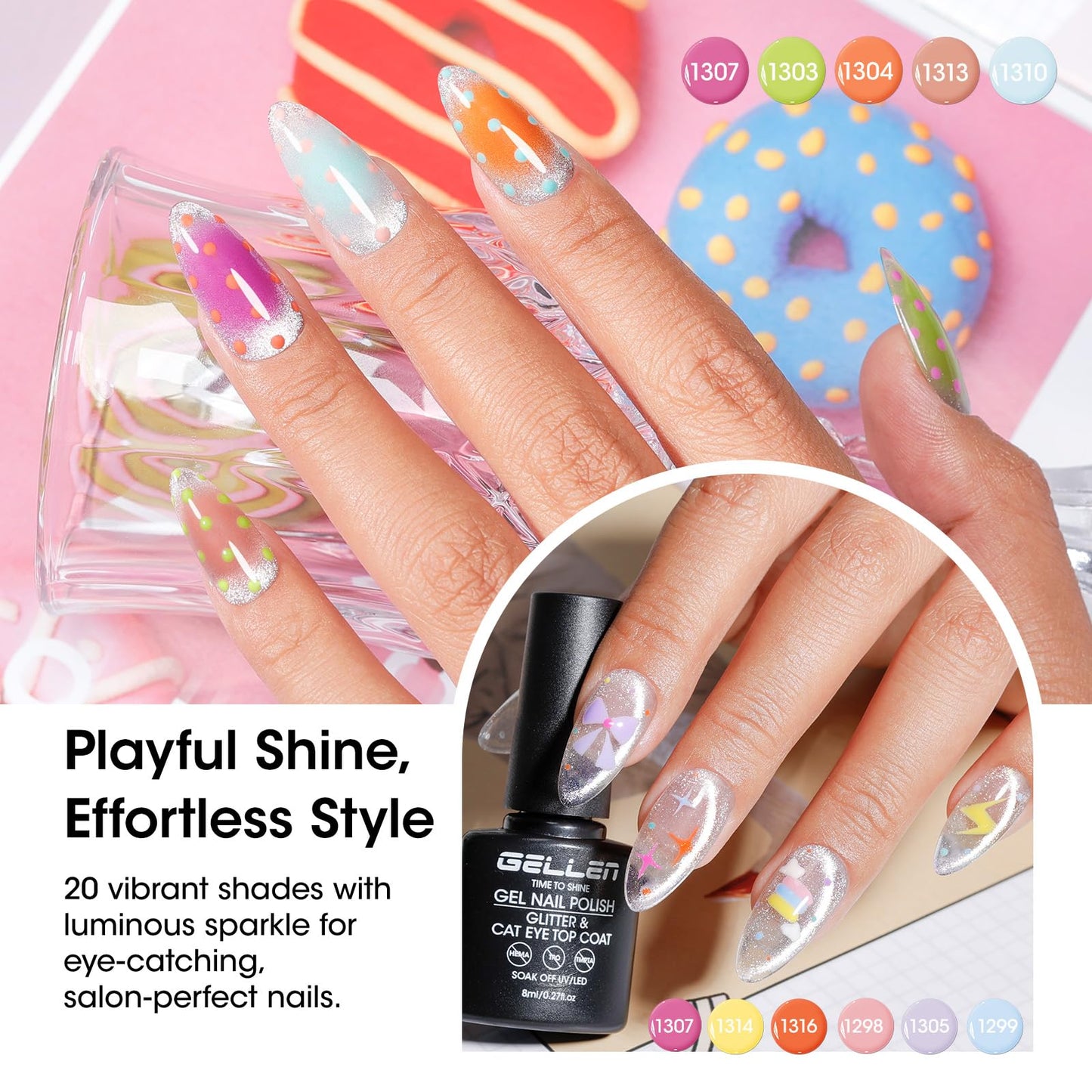 GELLEN Spring Gel Nail Polish Set 24pcs, 20 Colors Pastel Bright Gel Polish Kit with Base Coat, Glitter & Cat Eye Top Coat, Magnet, Nail Art DIY Home Salon
