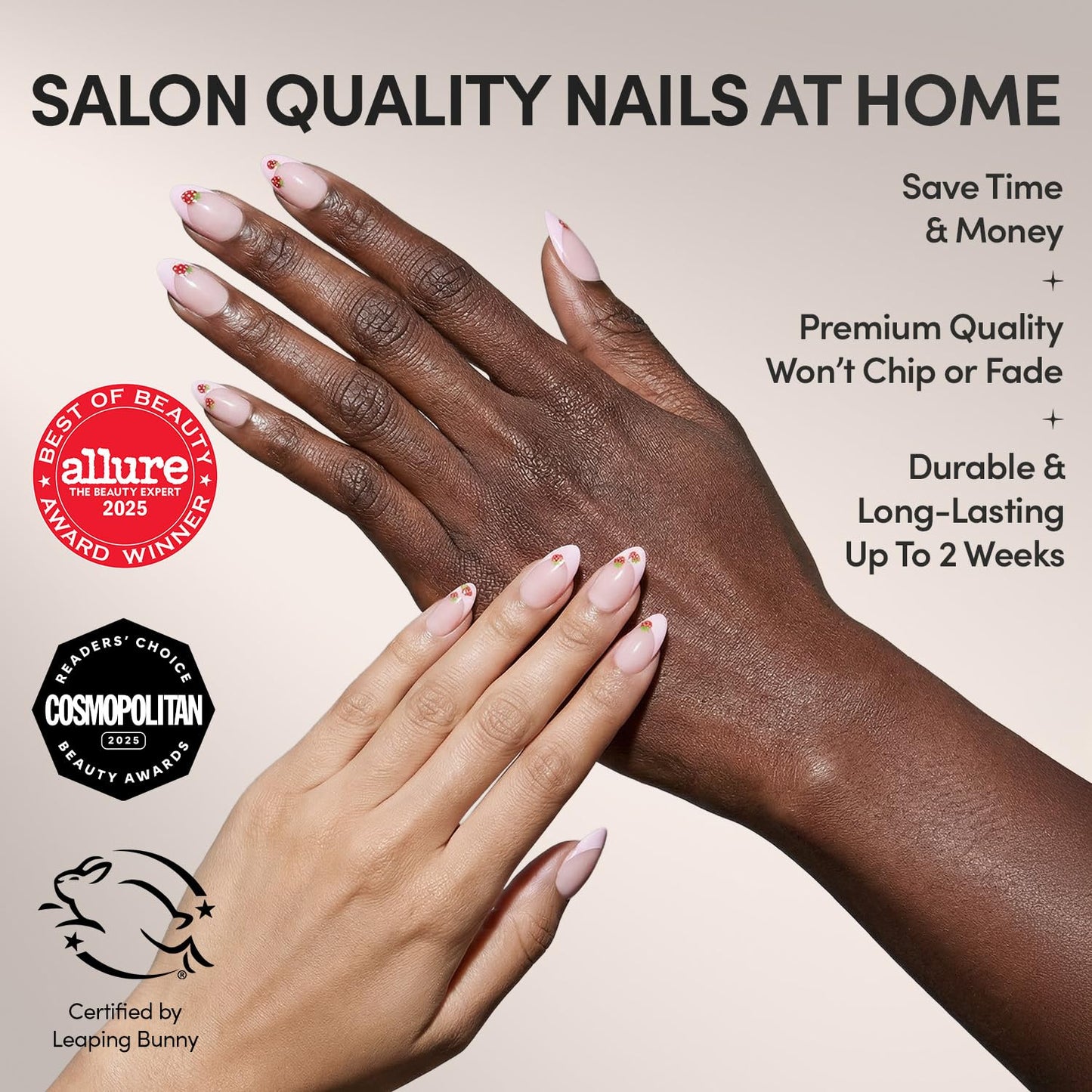 Glamnetic Press On Nails - Short Almond Fake Nails, Glossy Pink Nails with Strawberry French Tip, Strawberry Bits | 15 Sizes - 30 Nail Kit with Glue | Gift for Mom