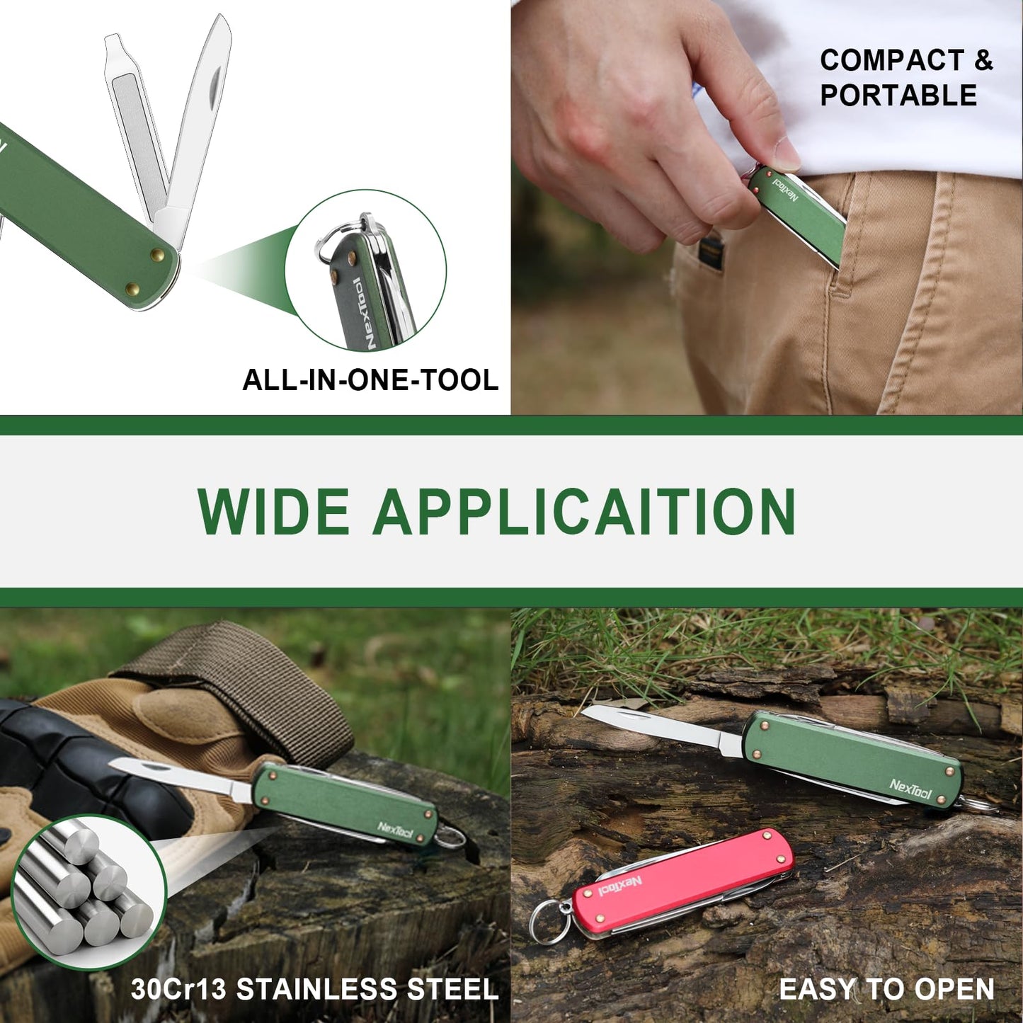 NexTool Keychain Knife, 5 in 1 Mini Multitool Key Chians, Small Pocket Knife with Key Ring, Scissors, Screwdrivers and Nail File, Cool Gadget Gifts for Men Women Dad Boyfriend Everyday Carry(Green)