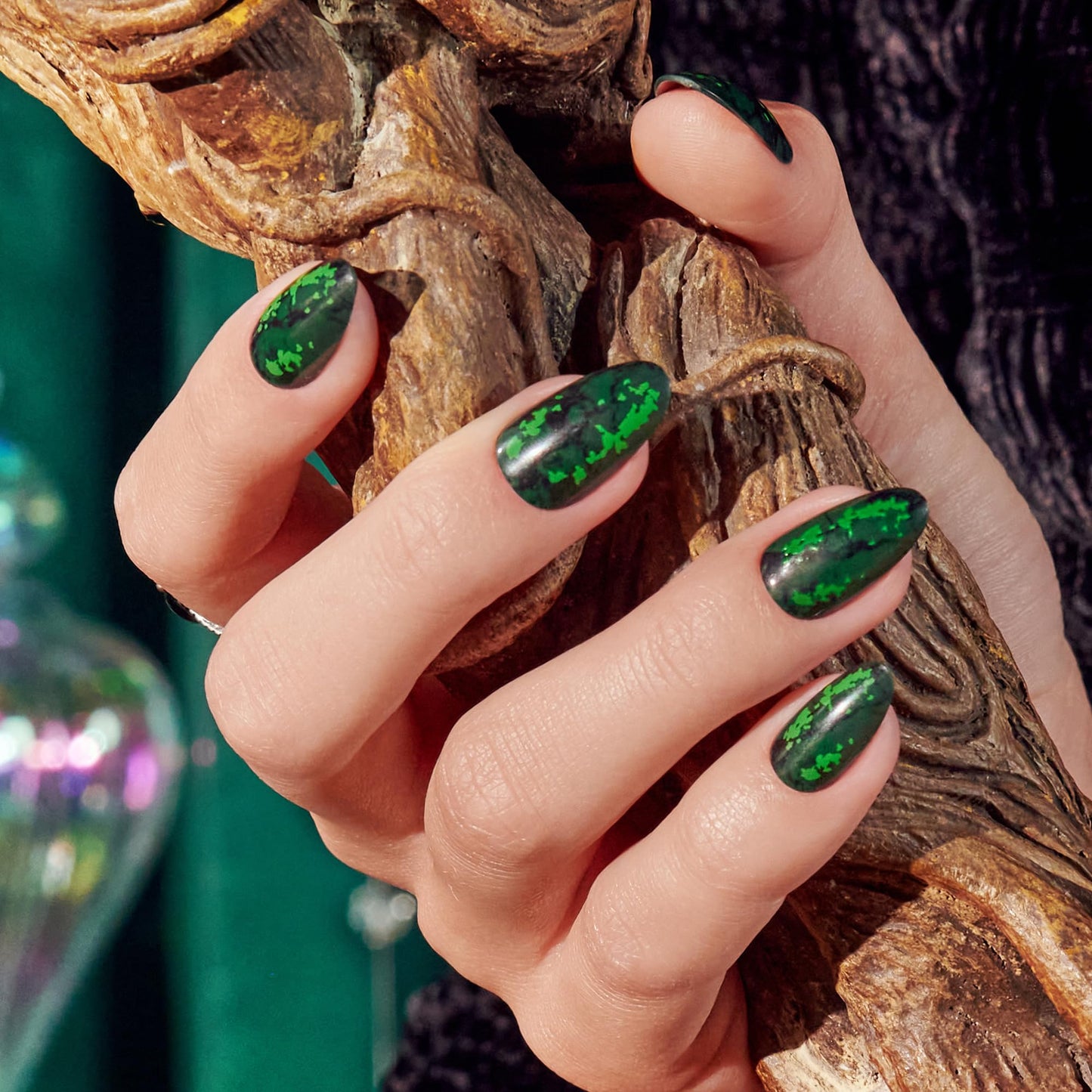 KISS X WICKED: FOR GOOD Press On Nails Almond, ‘My Future Is Unlimited’, Green, Medium, Waterproof, Chip Proof, Smudge Proof, 28 Fake Nails, Pink Gel Nail Glue (2g), Mini Nail File, & Manicure Stick