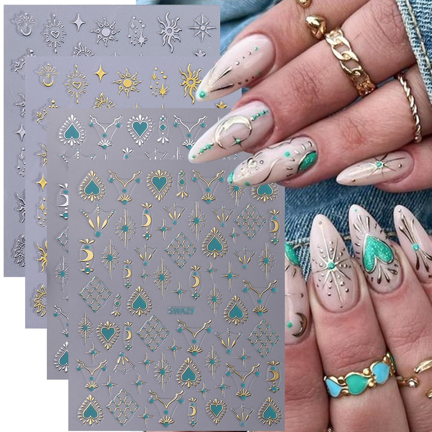 Sun Nail Stickers Decals 9 Sheets Bohemian Style Nail Art Stickers 5D/3D Embossed Self Adhesive Moon Star Heart Flame DIY Metallic Designs Gothic Decoration Supplies Nail Accessories for Women