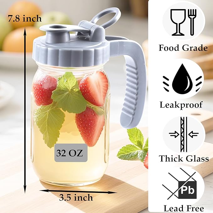 32 Oz Glass Mason Jar Pitchers With Pour Lid 1 Quart Wide Mouth Breast milk Storage Jug Container For Fridge Coffee Creamer Iced Sun Tea Juices Lemonade Airtight