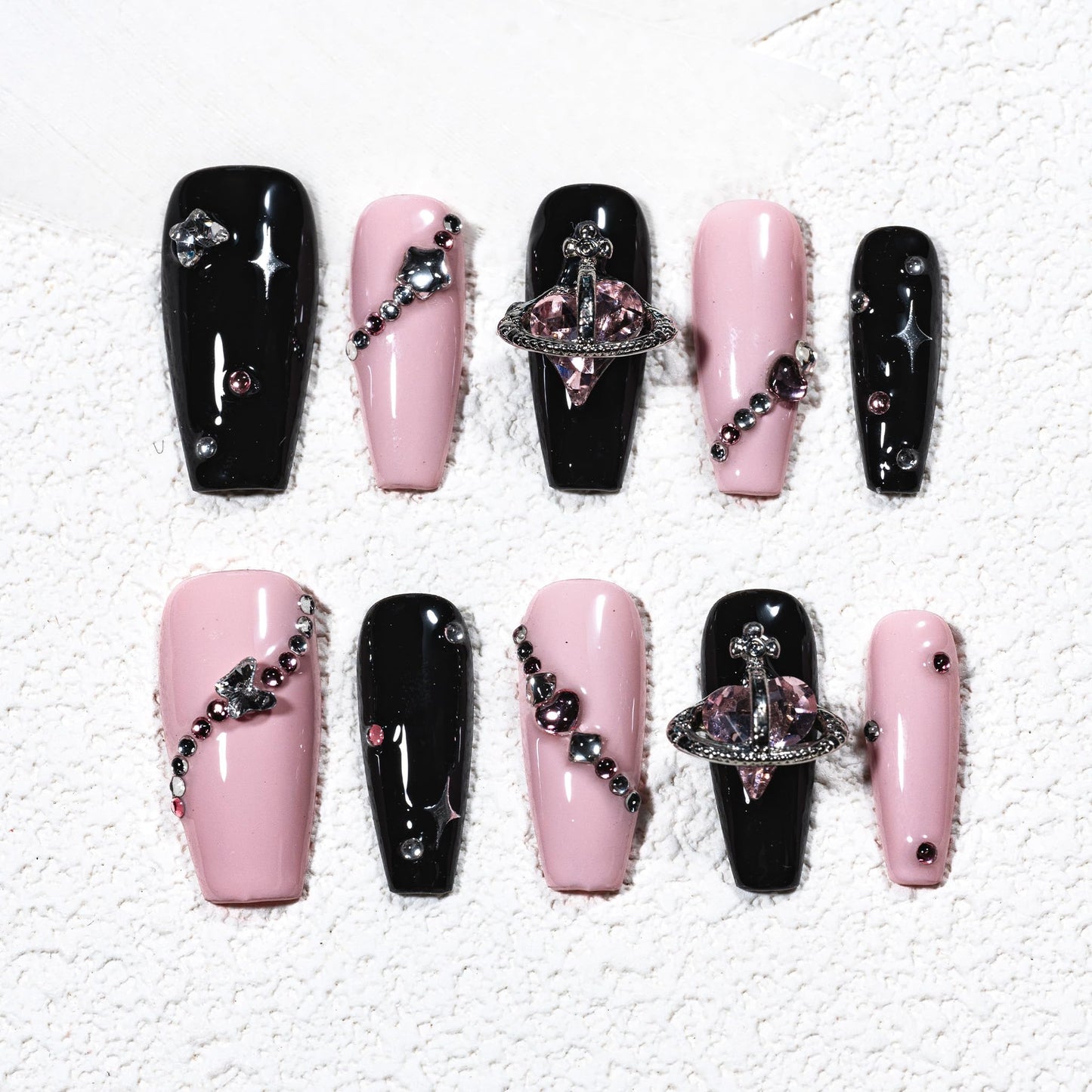 Sun&Beam Nails Handmade Press-on Medium Long Coffin Ballerina Pink Black Y2K Trendy Minimalist Design Fashion False Nail Tips 10 Pcs Set (#244 M)