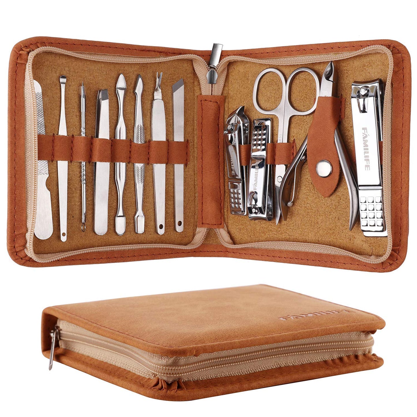 FAMILIFE F03 Manicure Set, Pedicure Kit Nail Clipper Set 13pcs Professional Men Grooming Kit and 11 in 1 Stainless Steel Pedicure Tools Kit Grooming Kit with Portable Brown Leather Travel Case