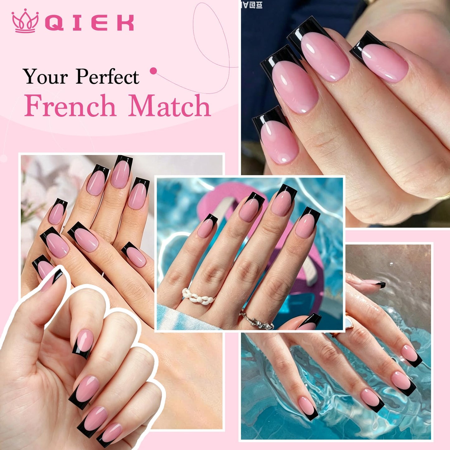 Qiek French Tips Press On Nails - 150Pcs Black Short Square Soft Gel Nail Tips Pre-Designed, 15 Sizes Fake Nails for Nail Art DIY, False Nails Salon Quality Manicure at Home Gifts For Women