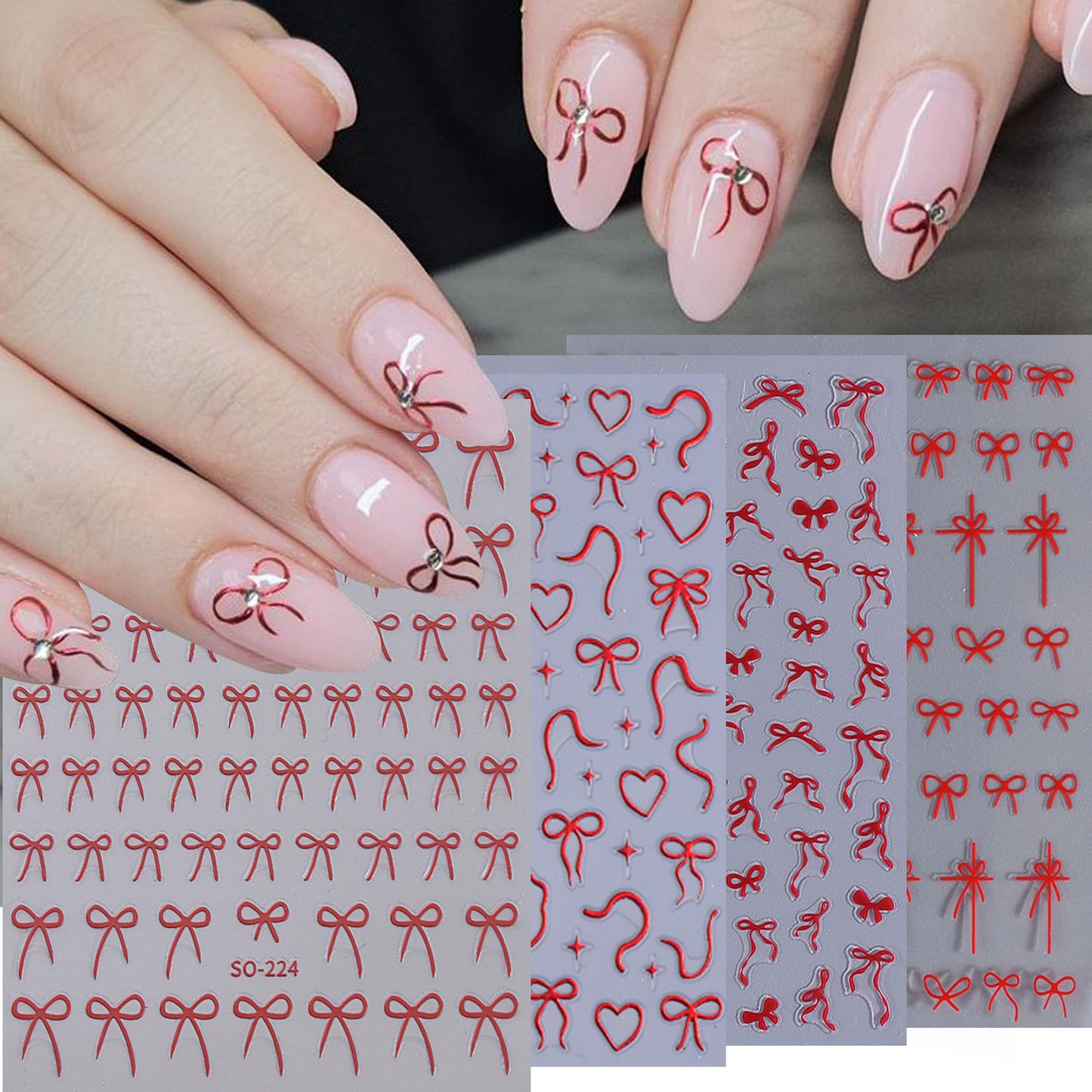 Bow Nail Art Stickers Decals 16 Sheets Red Ribbon Stickers for Nails Cute Gold Silver Pink Black White Bows Decals 3D DIY Self-Adhesive Nail Designs Manicure Decorations Accessories for Women