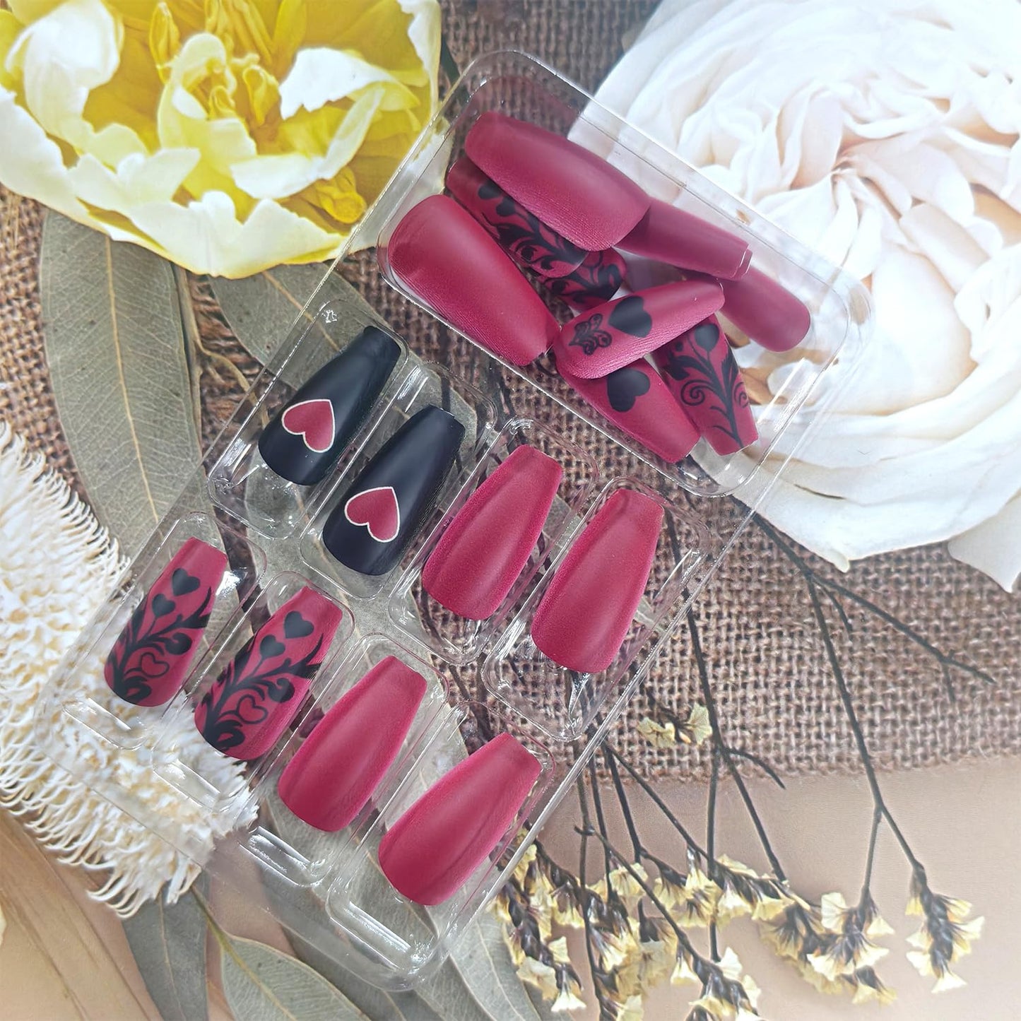 Flower Valentines Press on Nails Medium Ballet Artificial Acrylic Fake Nails Black Floral Red Love Design Heart Stick on Nail Full Cover Glossy Artificial Fingernails for Women Festival Manicure