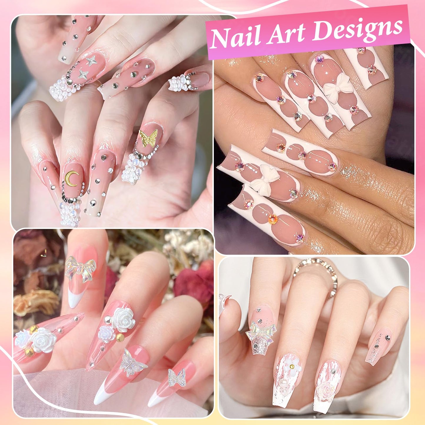 3D Nail Charms Junk Case Charms White Nail Flower Mix Style Butterfly Rose Bow Hollow Pearl Heart Nails Art Charm with Rhinestones Flatback Pearl for Acrylic Nails Art Manicure DIY
