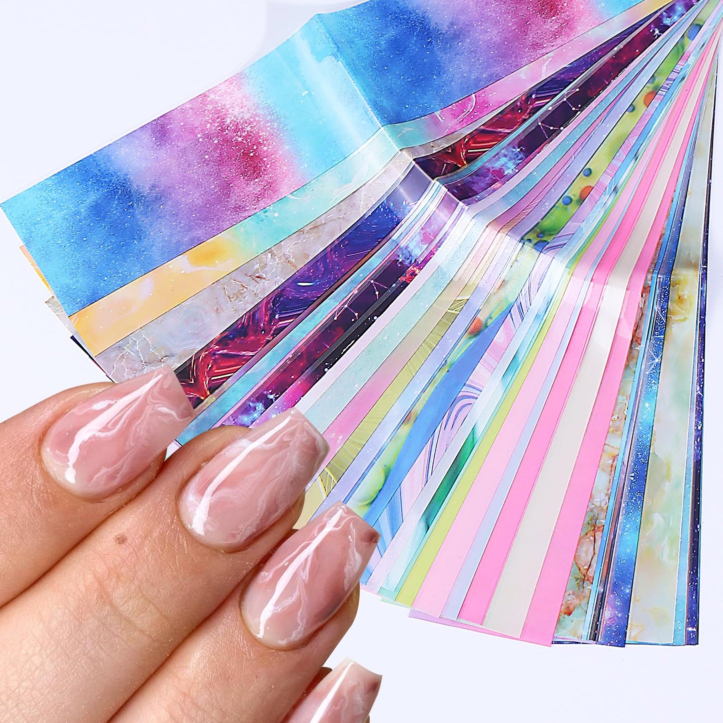 Nail Foils Transfer Nail Art 50PCS Holographic Starry Sky Stickers Marble Decals Nail Supplies Colorful Gradient Pink Blue Nail Art Foil Transfer Sheets Paper for Women DIY Designs Manicure Accessory