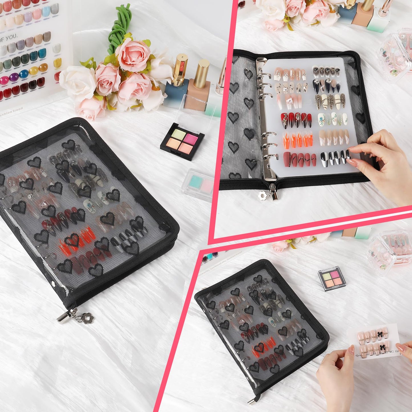 ASTONFOG Press On Nail Storage Organizer Binder with 8 Insert Pages - A5 Size & Double Sized Tapes, Press on Nails Display Storage Book, Reusable Fake Nail Swatch Collecting Book (Black)