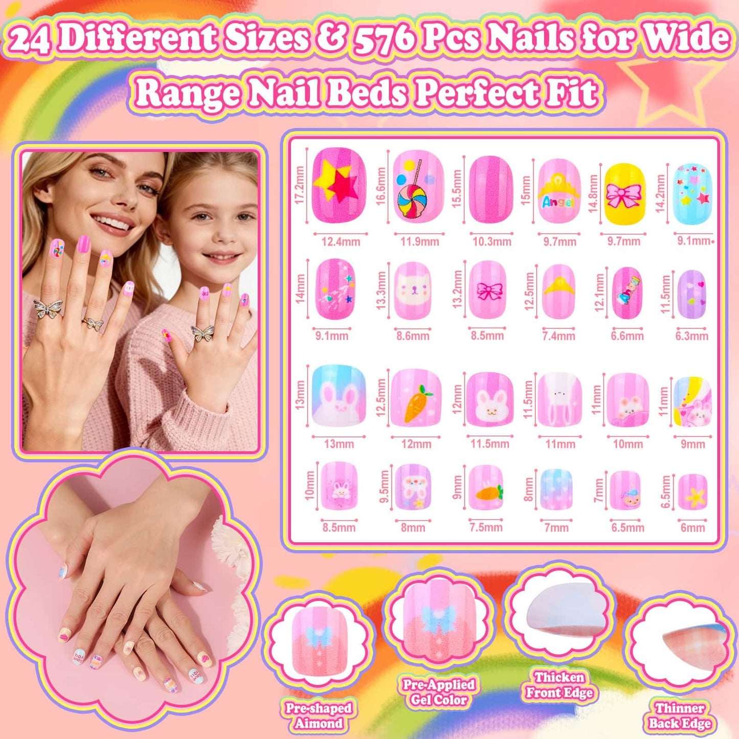 576 Pcs Kids Nails and Glue, Girls Press ons Nail Art Kit with Storage Case, Fake Nails Adhesive, Remover, Rainbow Nail File, Cute Stuff Girls Gift for Kids Age 8-12
