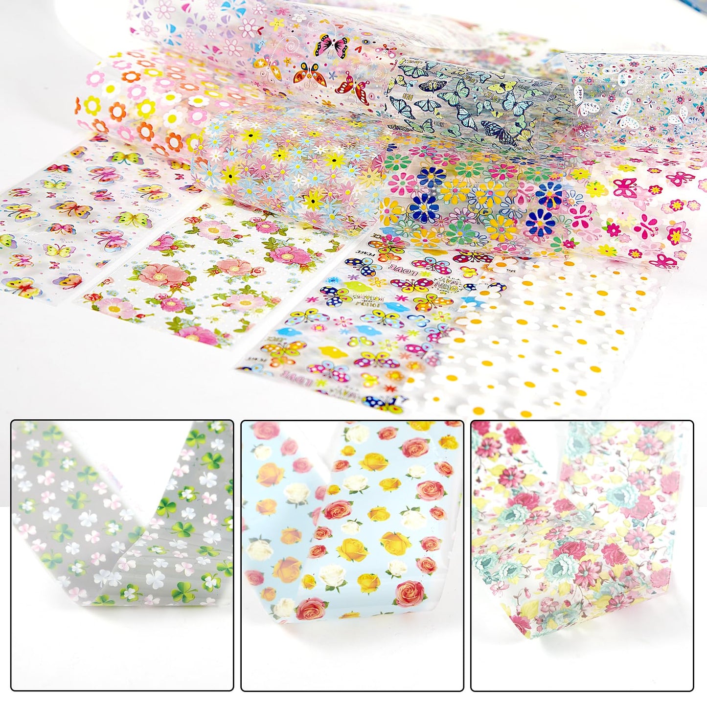 SILPECWEE 300Pcs Flowers Nail Foil, Holographic Nail Art Foil Flower Transfer Foils Paper 3D Floral Nails Stickers Fingernail Wraps Decals Manicure Design Kit Nails Decoration