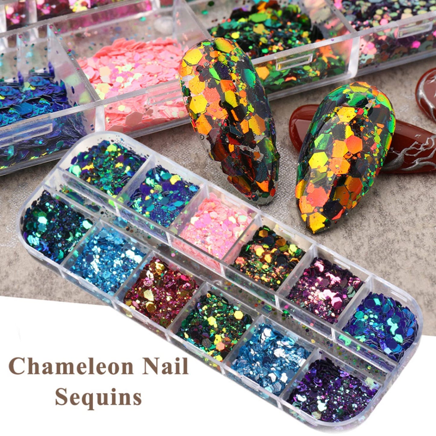 Chameleon Nail Art Glitter Sequins, 3D Sparkly Nail Flakes Decorations, Holographic Laser Gradient Nail Art Design, Shiny Glitters Powder Accessories Supplies for Women Girls, DIY Resin Nail Art Tips