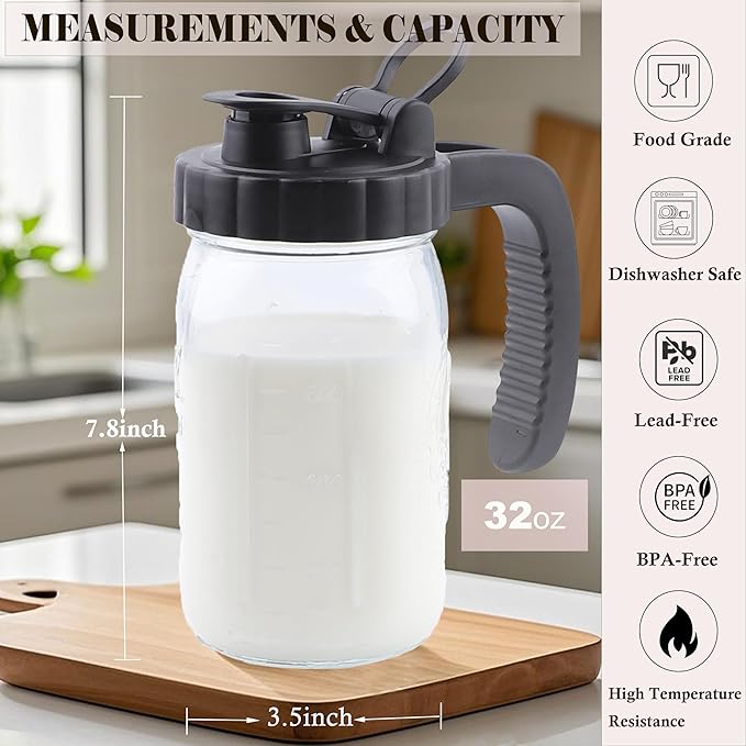 32 Oz Glass Mason Jar Pitcher 1 Quart Breast Milk Pitcher Wide Mouth Water Jug With Pour Spout Lid Heavy Duty Carafe Jug For Beverage Cold Hot Tea Coffee Lemonade Juice Container For Refrigerator