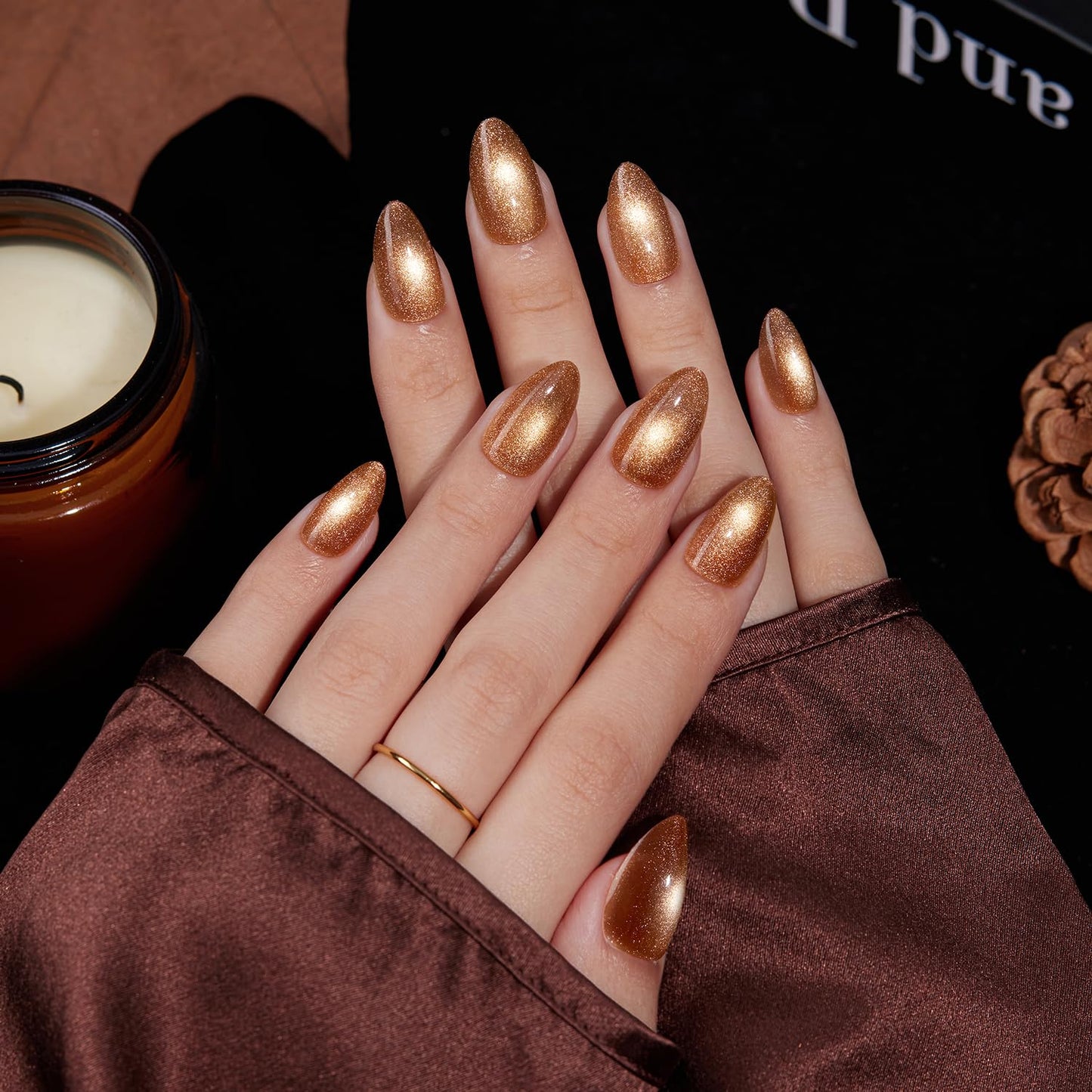 VSALON Press On Nails Short Almond, 32 Pcs 16 Sizes Brown Cat Eye & Tortoise Shell French Tip Glue On Nails Kit for Women