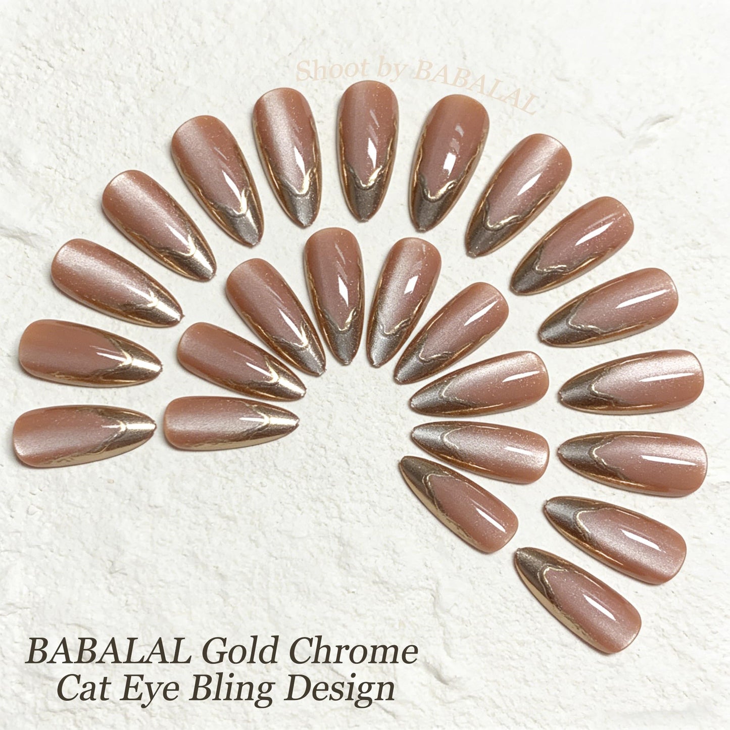 BABALAL Press On Nails, Medium Stiletto Fake Nails, Gold Chrome nails Powder French Tip, Cat Eye Bling Shiny, Glossy Full Cover Glue On Nails For Women And Girls 24Pcs Reusable