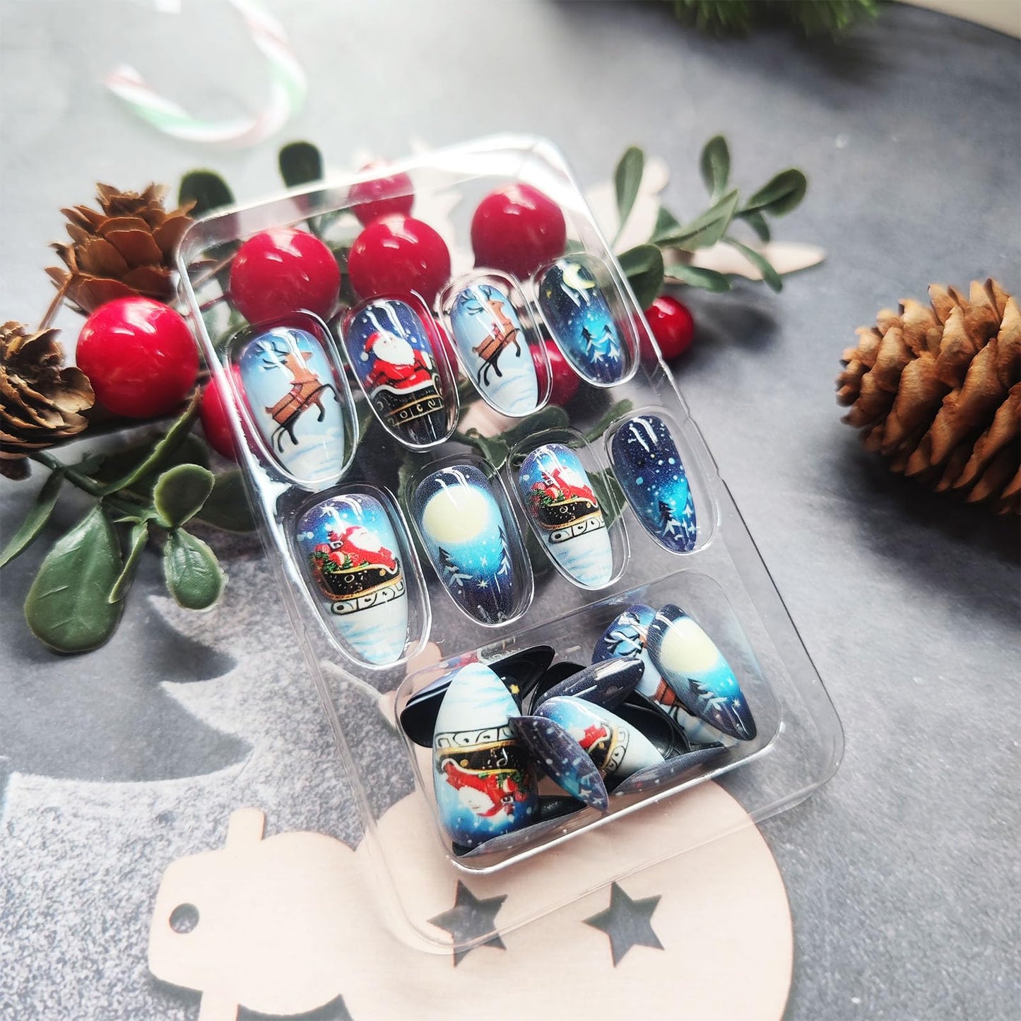 Christmas Press on Nails 24Pcs Reindeer Gel Glue on Nail Santa Claus Medium Almond False Nails Glossy Blue Gradient Acrylic Fake Nail Moon Stick on Fingernails for Women Xmas Gift