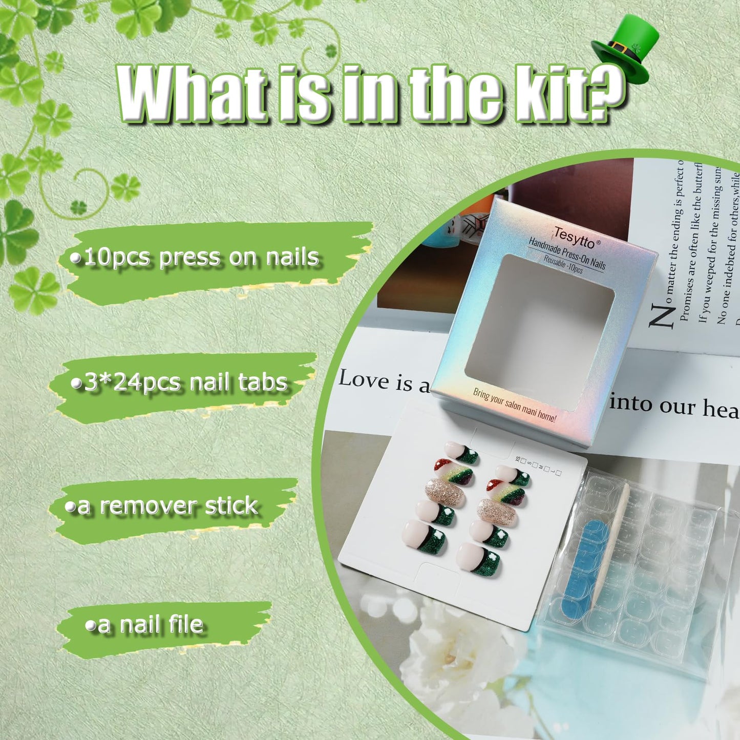 Tesytto Medium Square Press On Nails, Nude with Green Glitter French Tips and Hand-Painted White Clover, Rainbow Glitter Gradient Thick Acrylic Nails (Size M)