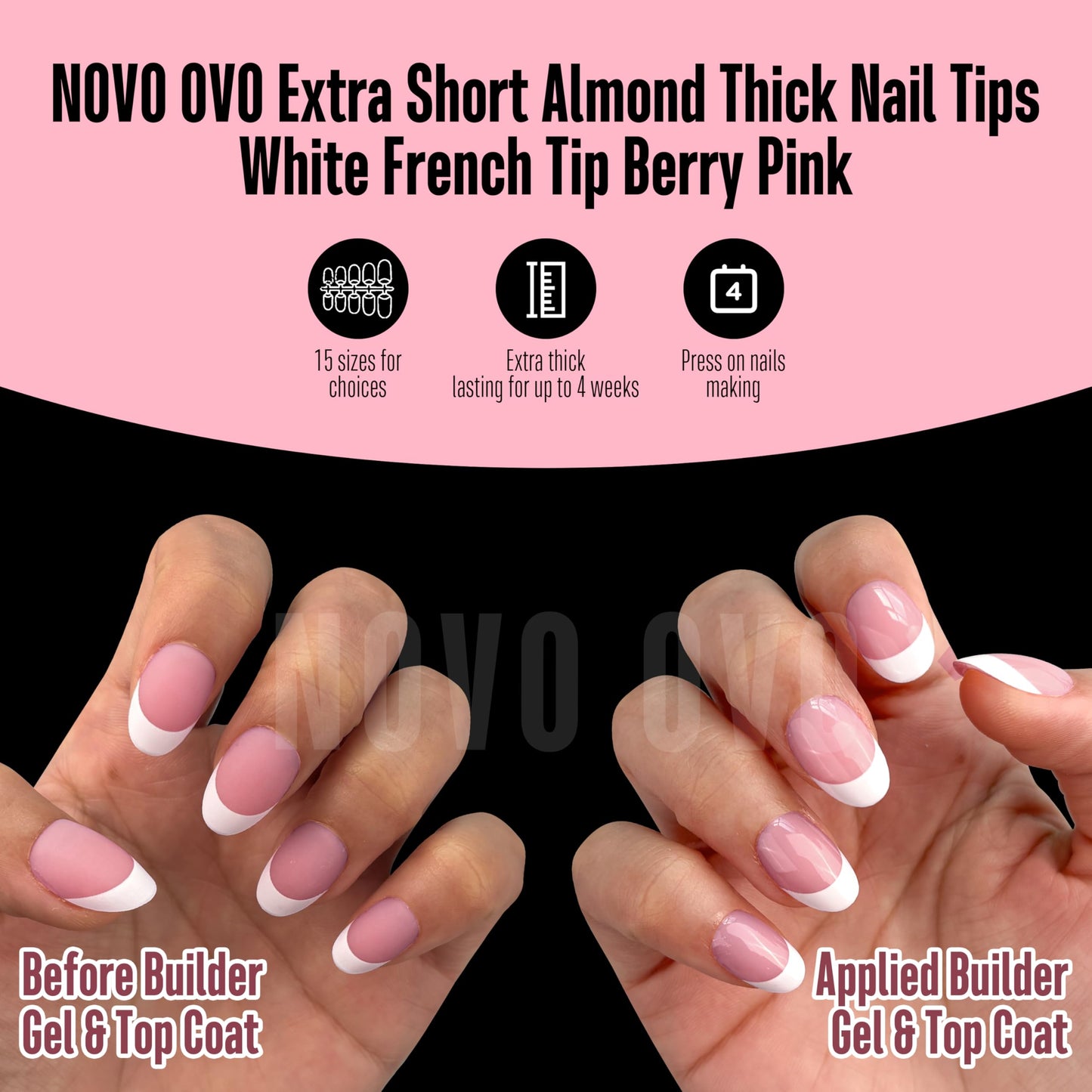 NOVO OVO Extra Short White French Tip Almond Nail Tips Press on BERRY PINK, Thick Soft Gel Fake Acrylic Extension, Need Builder Gel Top Coat, No Glue Included, for Salon DIY x 16 Sizes 224 pcs