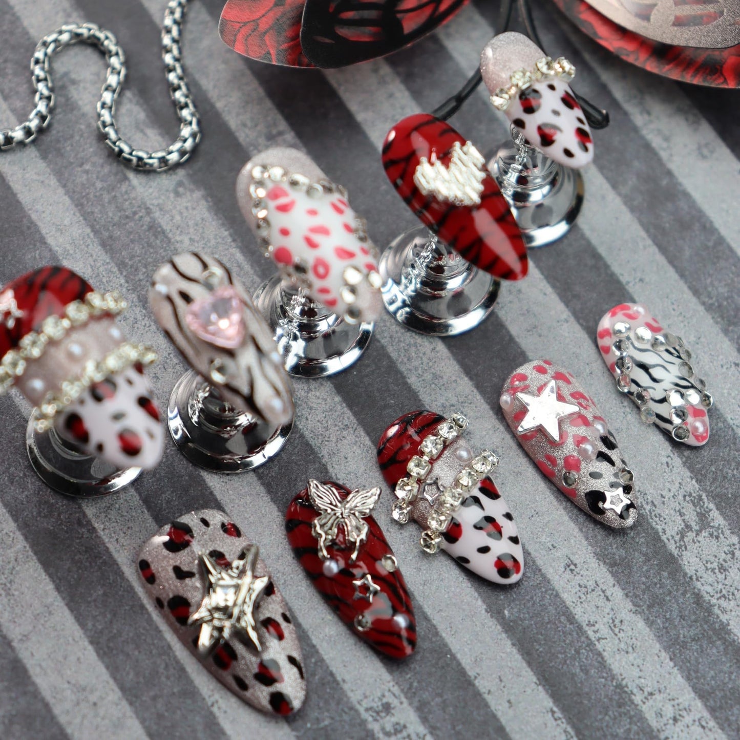 Leopard Print Press on Nails Heart Fake Nails with Rhinestone Design Medium Almond False Nail Butterfly Glue on Nails Pure Handcrafted Nail Art Glitter Stick on Nail for Women Premium Manicure (L)