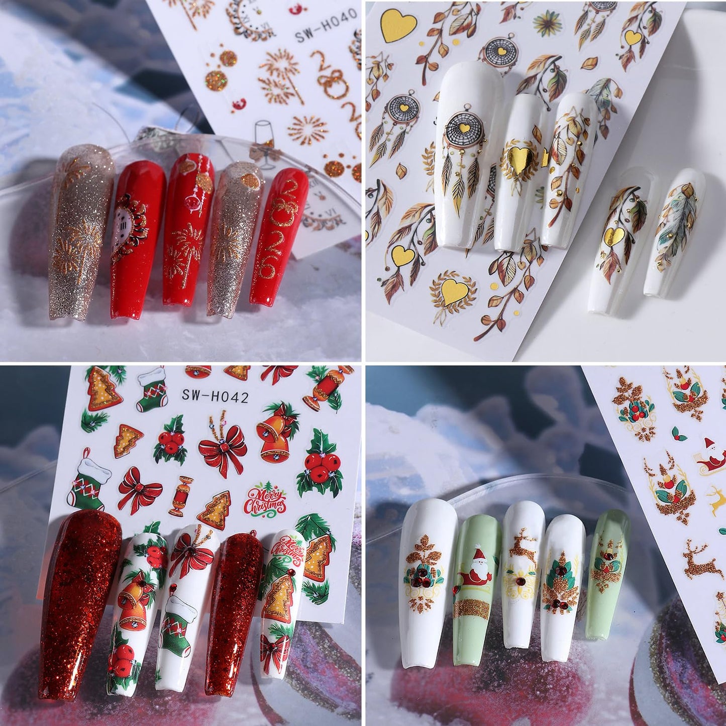 4Sheets Christmas Nail Art Stickers 3D Self-Adhesive Sock Bell Bow Nail Decals for Acrylic Nails Heart Dream Catcher Designs Nail Sticker Glitter Santa Claus Elk Nail Decal for Women DIY Nails Decor