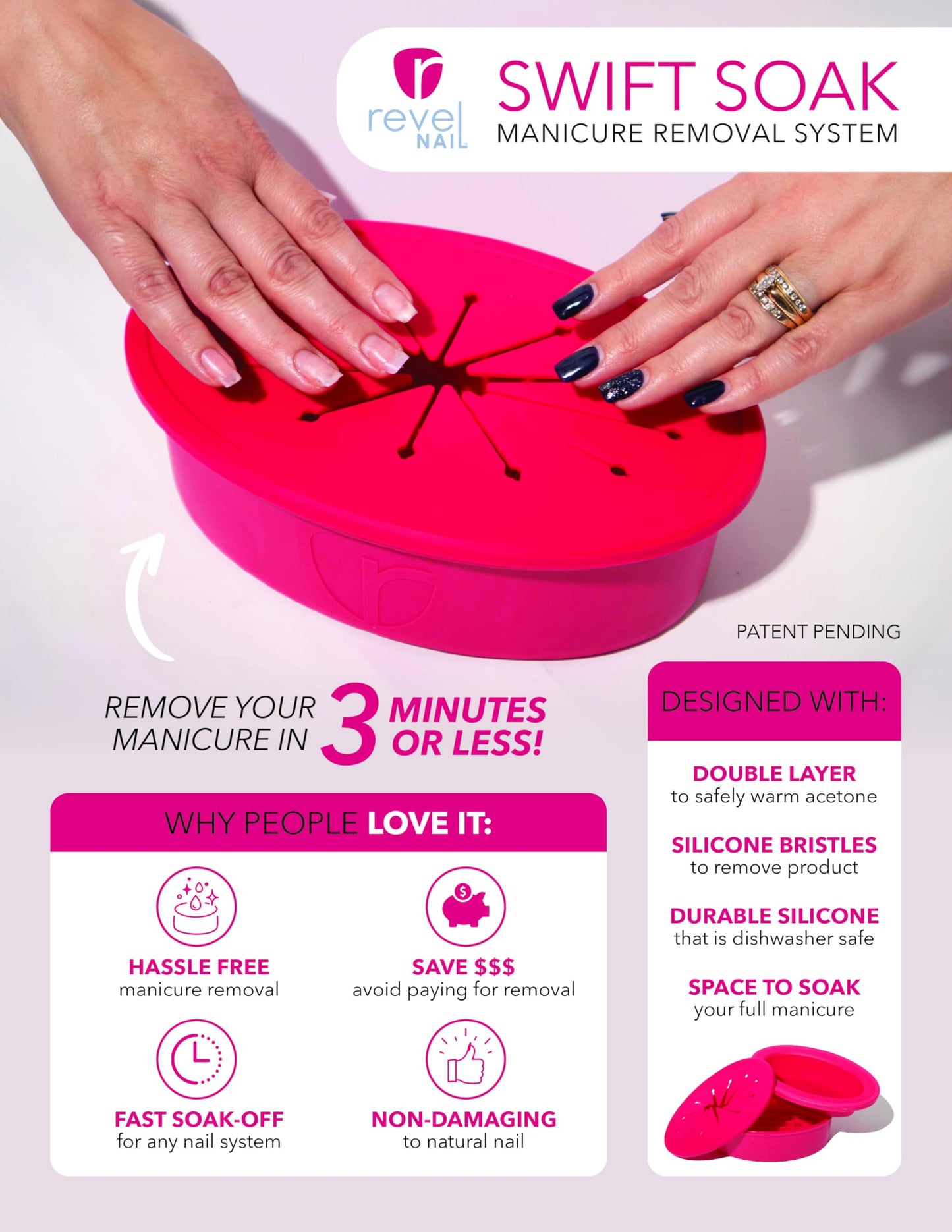 Revel Nail Swift Soak Nail Polish Remover Bowl – Acetone Soak Off Bowl for Gel Polish, Dip Powder & Acrylic Nails – Reusable Nail Soaking Manicure Bowl with Silicone Bristles