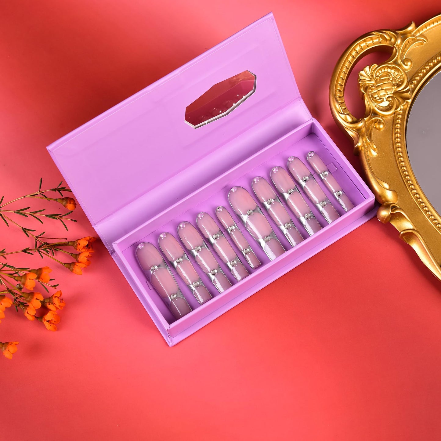 Tmani 10pc/set Extra Long Handmade Press On Nail Hot Girl's Long Ballet Square Nail Full of Diamond Glitter Decoration Fake Nails Suitable For Girls Festival Parties and Birthday Gift（096,Size-L)