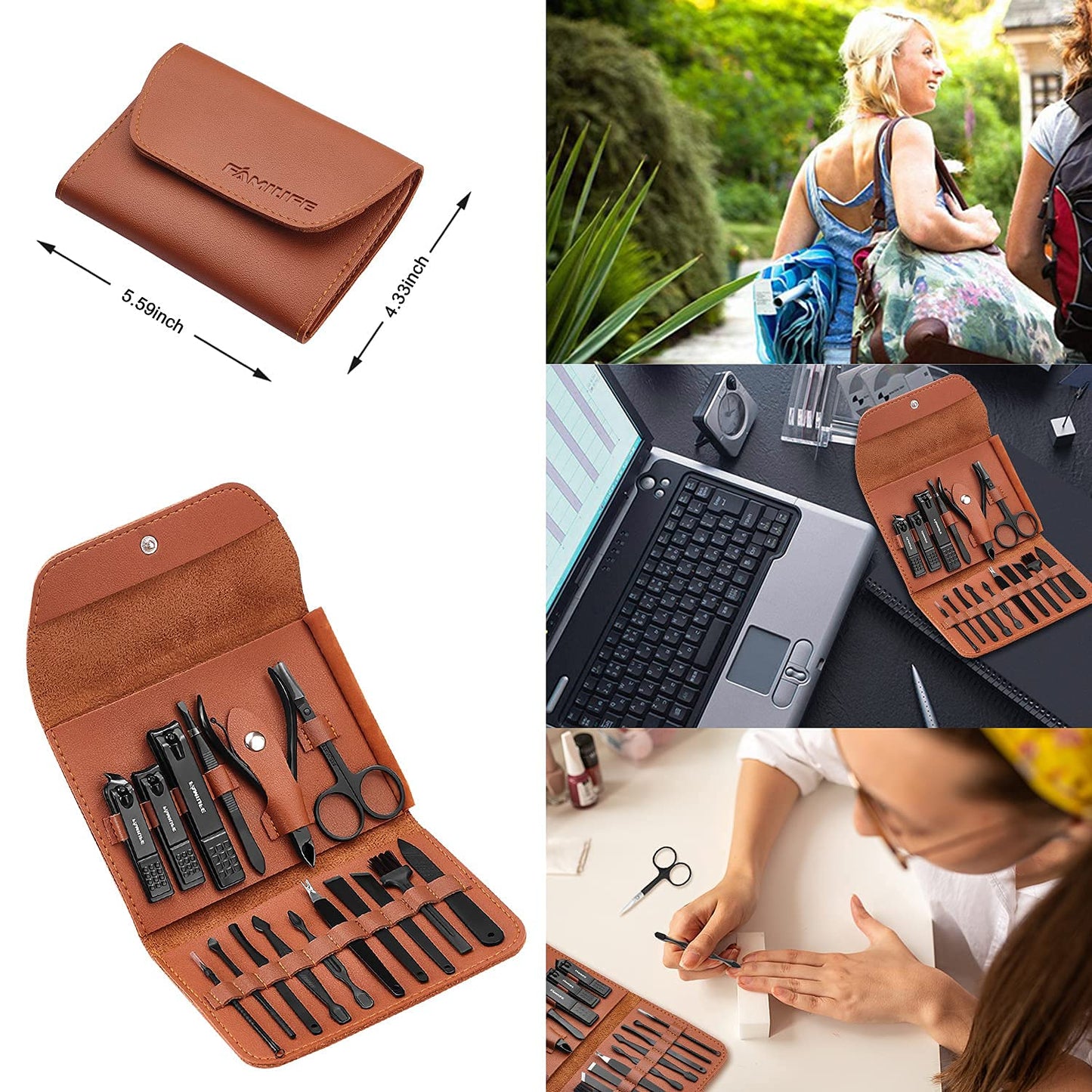FAMILIFE Manicure Set, Professional Manicure Kit Nail Clippers Set 13pcs Stainless Steel Pedicure Tools Kit Grooming Kit Brown and Gifts for Men 16pcs Nail Clippers Pedicure Kit Manicure Kit Nail Clip