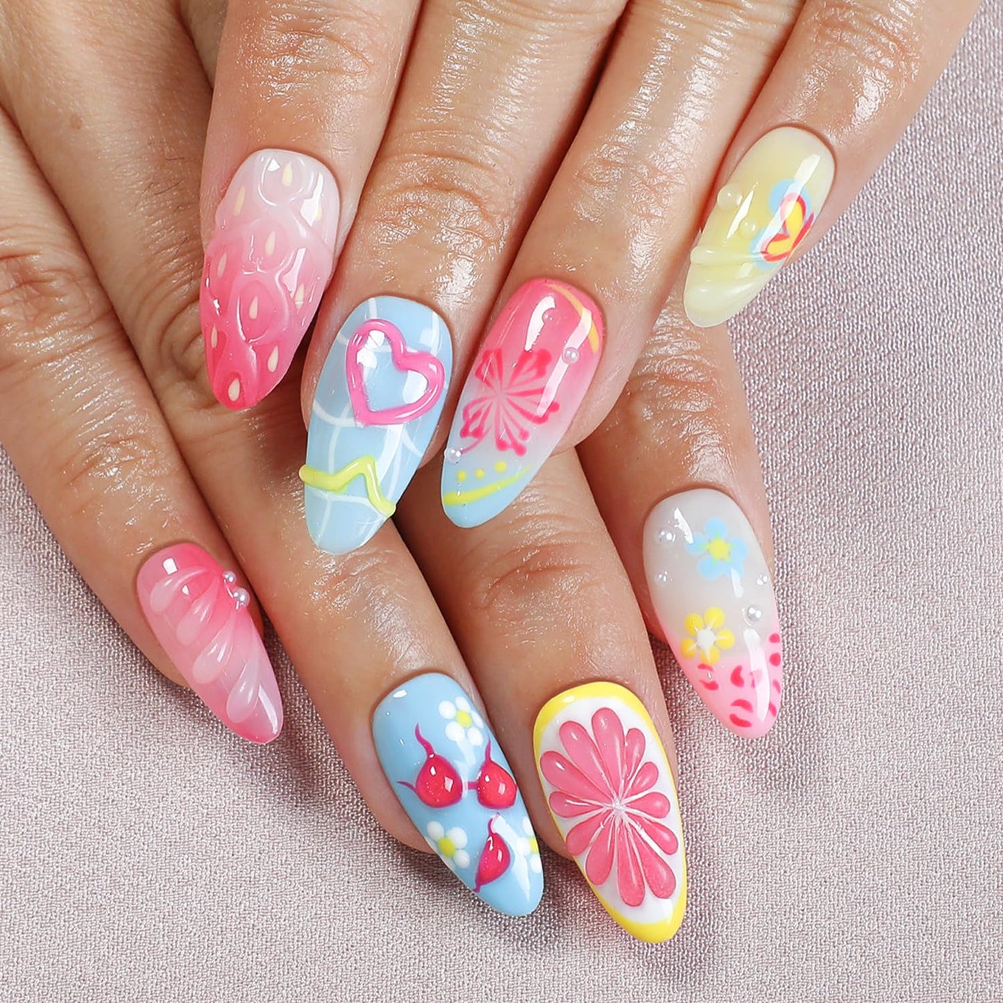 30Pcs Flower Press On Nails Medium Almond Nails With 3D Colorful Summer Sea Starfish Designs French Tips & Cute Heart Lemon False Nails Ocean Beach Press Ons Handmade Nails Pearl for Spring