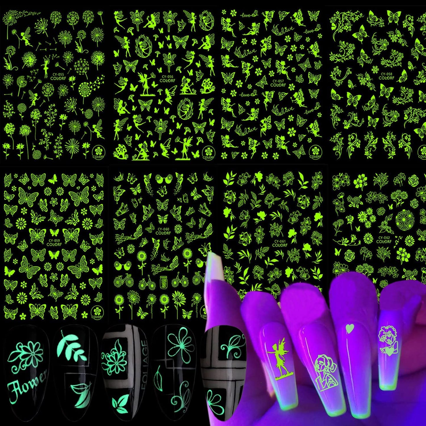 8 Sheets Luminous Nail Stickers and 8 Sheets Flame Nail Stickers