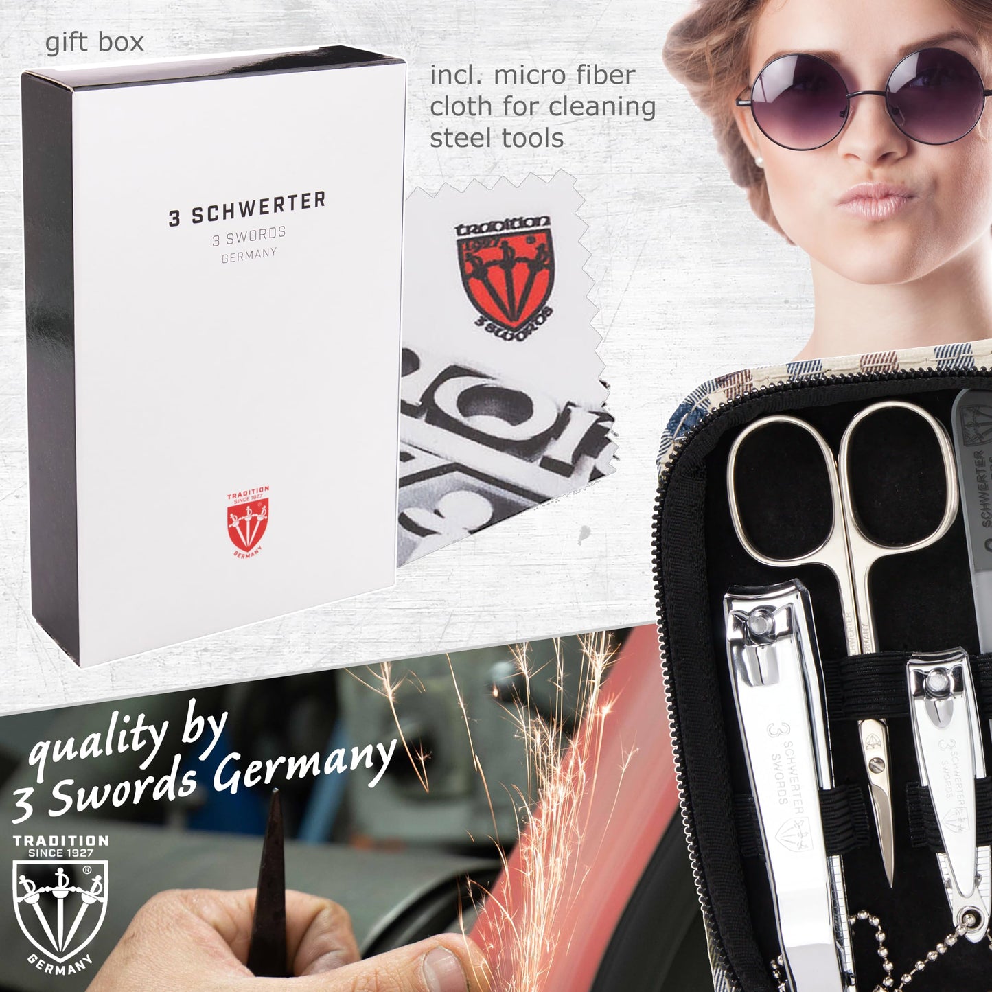 3 Swords Germany - brand quality 8 piece manicure pedicure grooming kit set synthetic leather case chequered - Made in Germany