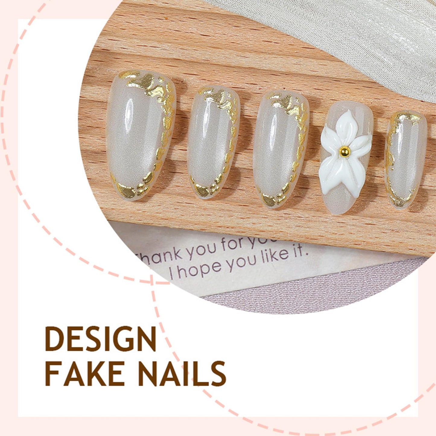Spring Press on Nails Medium Almond Fake Nails With 3D Floral Design Gold Cat Eye False Nails Press ons White Flower Summer Glue on Nails Full Cover Stick on Nails for Women 30 Pcs