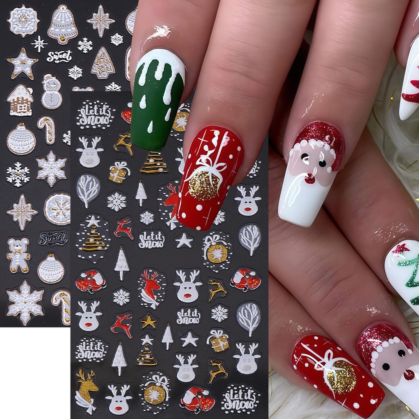 2 Sheets Christmas Nail Art Sticker 5D Embossed Self-Adhesive Nail Decals Elk Snowman Santa Xmas Tree Lantern Ball Nail Design Stickers Winter Holiday Nail Sticker Nail Decoration Supplies for Women