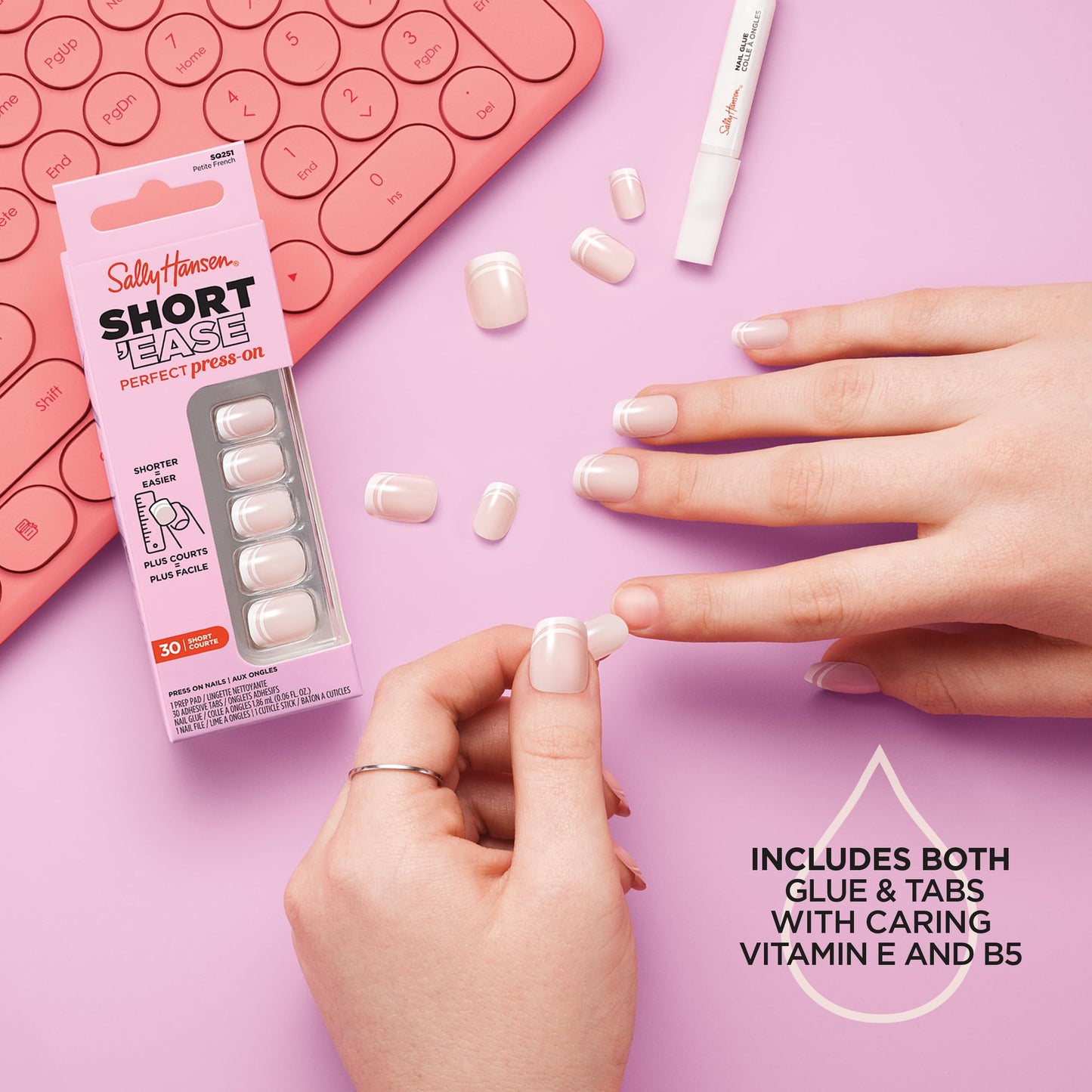 Sally Hansen Salon Effects Perfect Press-On Short'Ease Nails | Square Shape | Easy to Apply, Non-Damaging, Natural Look Vitamin E & B5 | 30 Nails, Nail Glue, Adhesive Tabs, File| Short Circute