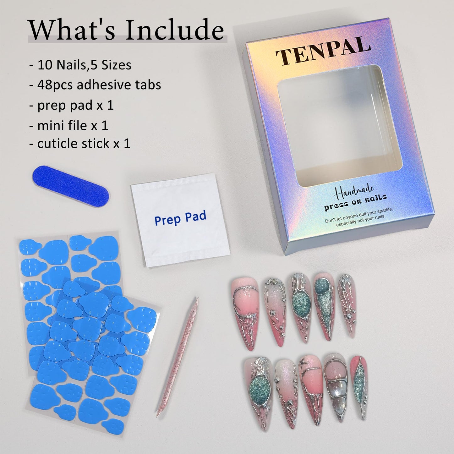 TENPAL Long Stiletto Press on Nails,Pink-Silver Holographic Gradient Hand-Painted Moons Fake Nails with 10pcs Tools,3D Cat Eye Glitter False Nails,Edgy Meteors Design Sweet-Edge Metal Nails(L)