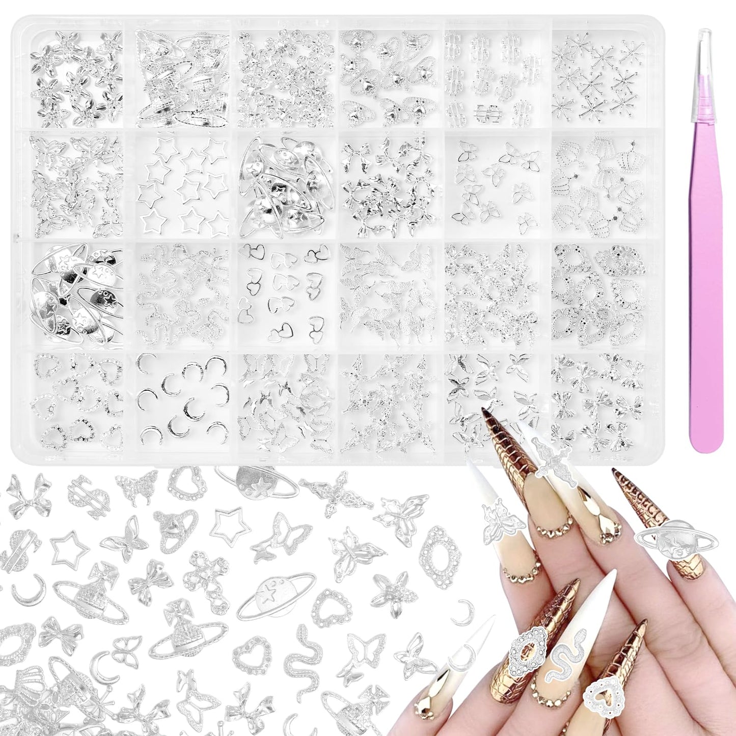 240 Pcs 3D Silver Nail Charms, Alloy Cross Star Crown Bows Nail Silver Charms, Shiny Planet Metal Nails Art Charms Snake Charm for Acrylic Nails DIY Y2K Accessories