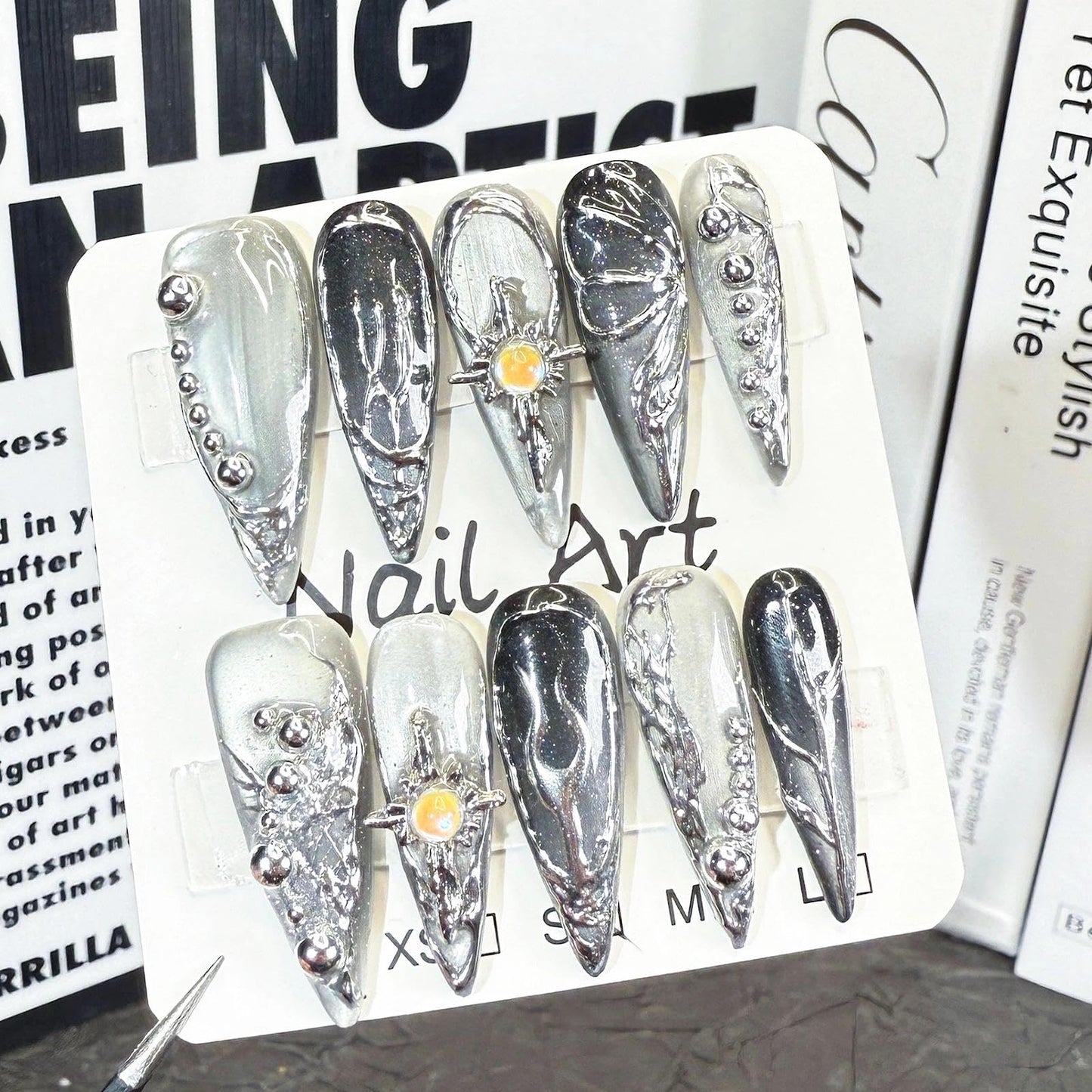 Handmade 3D Metallic Futuristic Stiletto Press On Nails, Silver Black Mechanic Artisan Nails Set, Reusable Glossy Press-ons with Tool Kit (XS)
