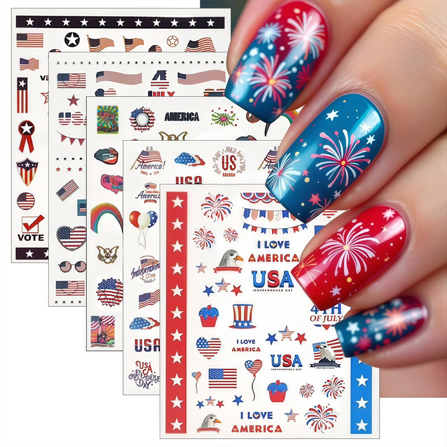 5 Sheets July 4th Nail Art Stickers 3D Self Adhesive American Flag I Love America Nail Decals Memorial Day for Women Nail Art Decoration