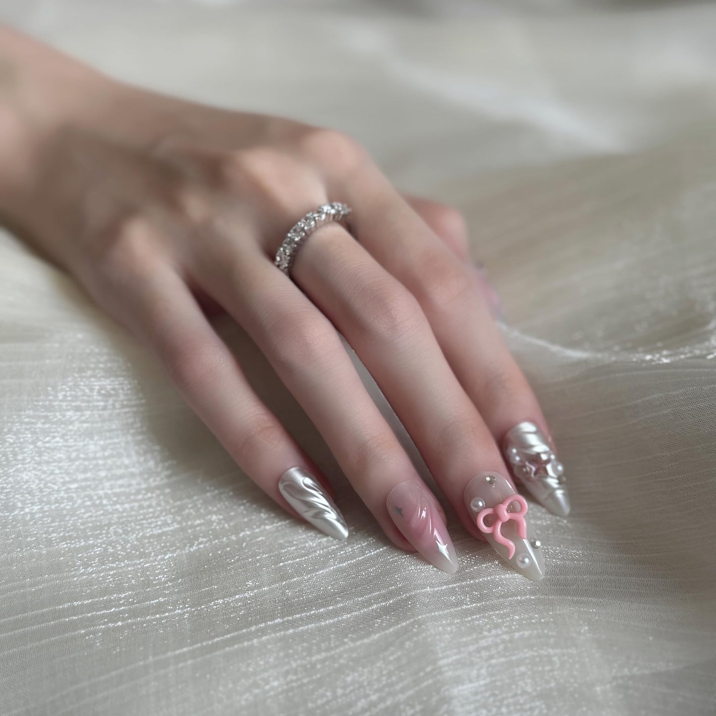 24 Pcs Y2K 3D Press on Nails Almond Shape Pink Fake Nails with Flower Nail Charms 3D Bow Almond Shape False Nail Full Cover