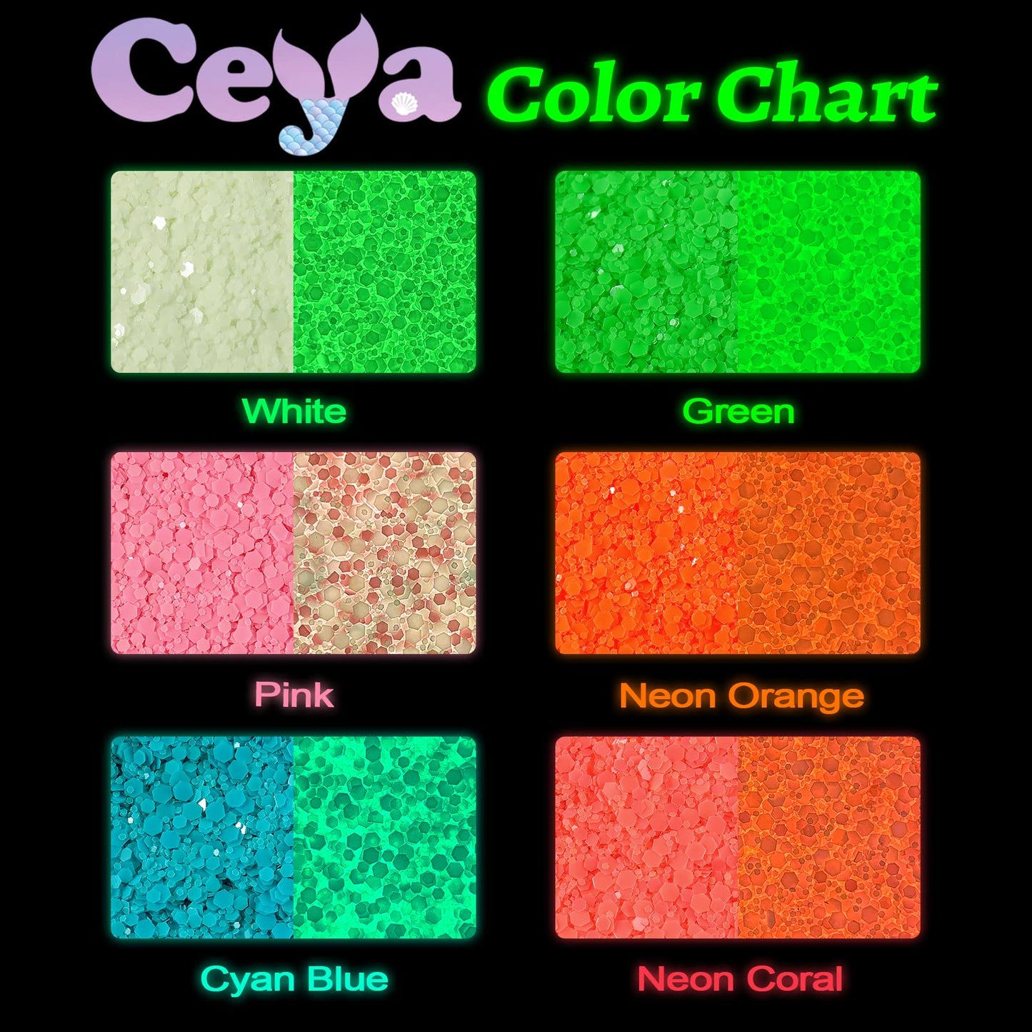 Ceya Glow in The Dark Glitter, 2.8oz/ 80g White Luminous Chunky Glitter Mix Fine Powder Flakes Fluorescent Nail Sequins for Epoxy Resin, Tumblers, Halloween Party, Festival Decor