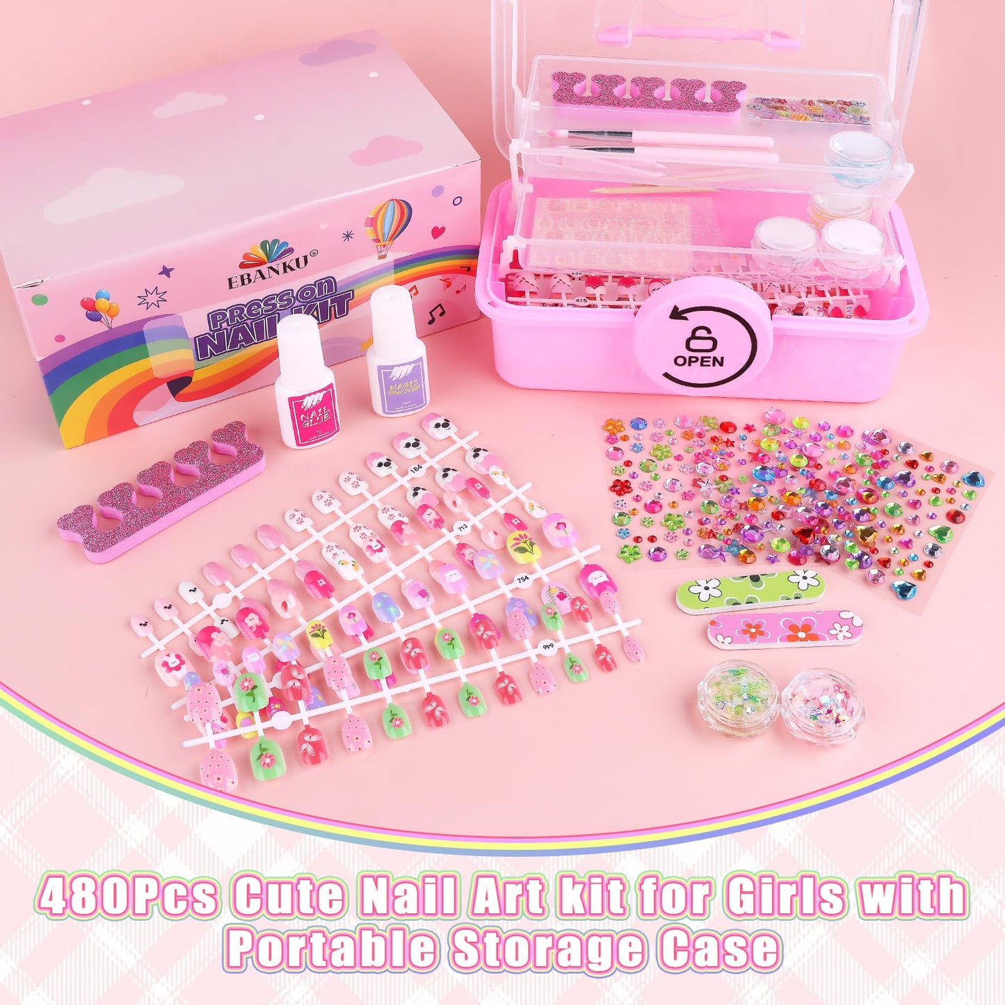 480 Pieces Press on Nails for Kids, EBANKU Girls Fake Nail Kit with Cute Nail Sticker Rhinestones Glitter, Nail Glue & Glue Removal & Sticky Tabs, Toe Separator & Other Manicure Tools w Storage Case