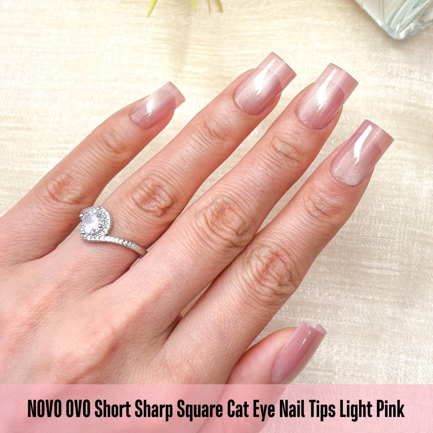 NOVO OVO Short Square Nail Tips 150Pcs Cat Eye, Light Pink Sharp Square Gel X Nail Tips, Glossy Finished with Top Coat, Full Cover Fake Nails No C Curve for Home DIY Typing Scenario, 15 Sizes