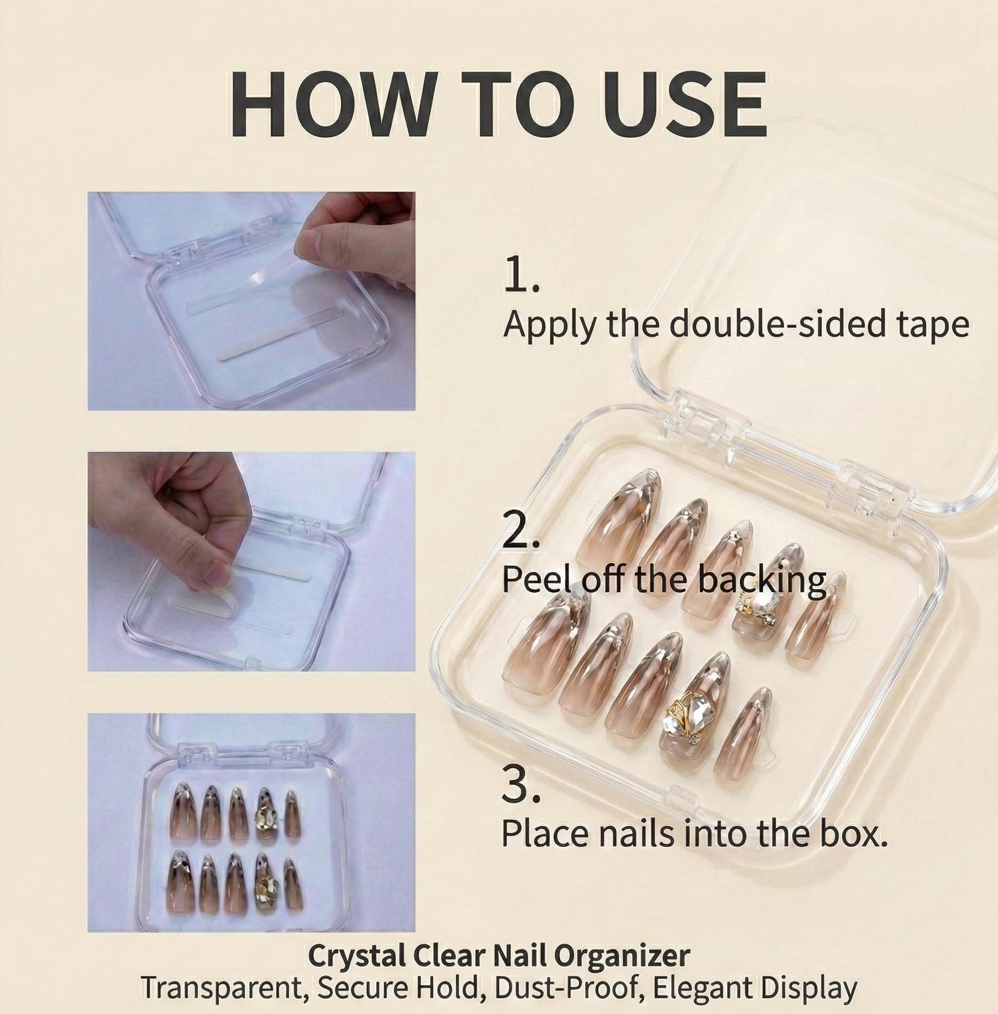 Kyvenly Press On Nail Organizer 12pcs 3.3in Nail Case And 1 Big Acrylic Storage Box For Packaging Clear Display Box Fake Nail Organizer With Double Sided Adhesive Tabs Nail Display Nail Salon