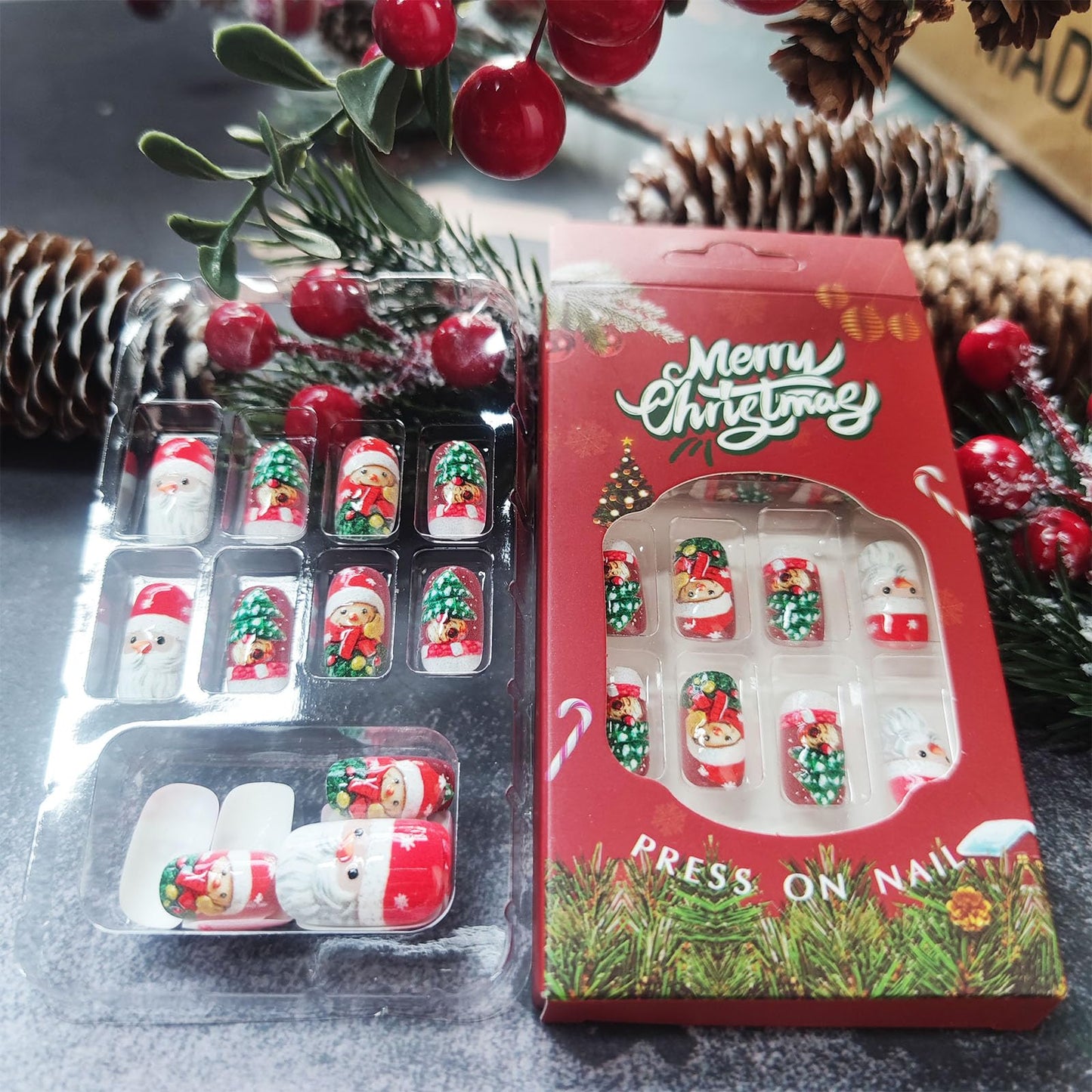 Christmas Medium Square False Nails Glossy Red Christmas Hat Acrylic Fake Nail Cartoon Santa Claus Press on Nails 24Pcs Xmas Tree Stick on Fingernails Snow Gel Glue on Nail for Women Xmas Gift