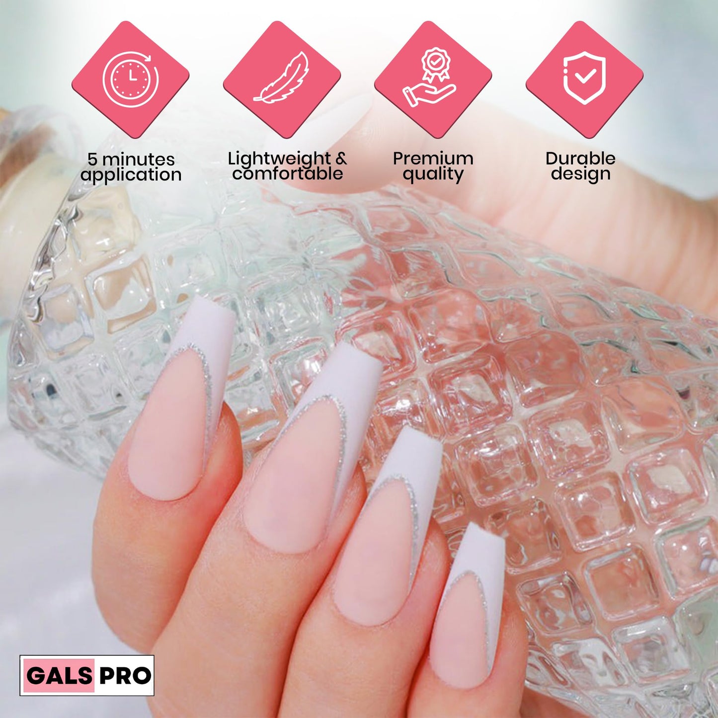 GALSPRO Long Press on Nails - Set of 24 Fake Nails with Designs in 12 Different Sizes for Perfect Fit, Cute False Nails Kit for Women with 0.07oz Nail Glue, A Double Sided Nail File & Cuticle Stick