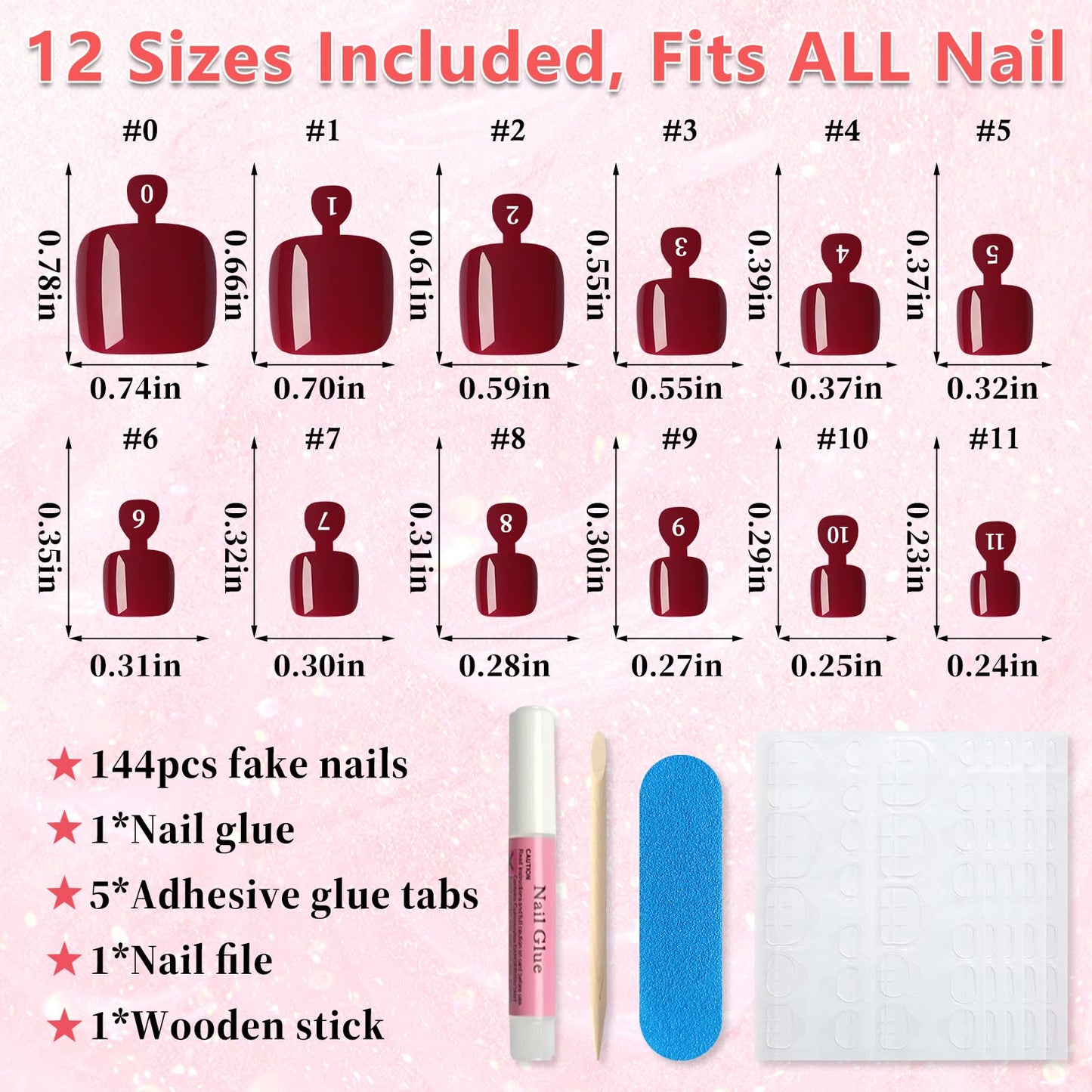 EternalClassic 144pc Press on Toenails for Women Toe Nail Press ons Short Square with Glue&Jelly Glue, Deep Red Toe Nails Glue on Toe Nails, Full Cover Acrylic Artificial Toe Press on Nails