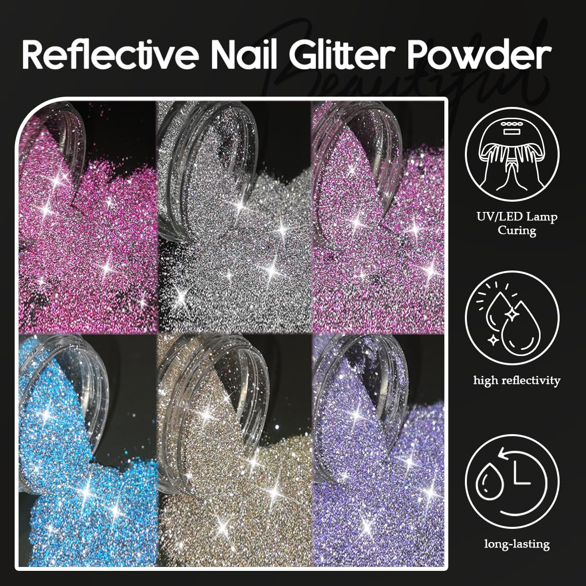Furtherpretty Reflective Glitter for Nails, 6 Colors Sparkle Nail Powder Diamond Dust Glitter Silver Pink Purple Blue Sugar Dip Powder Shimmer Nail Pigment Set with Brush Nail Salon Supplies