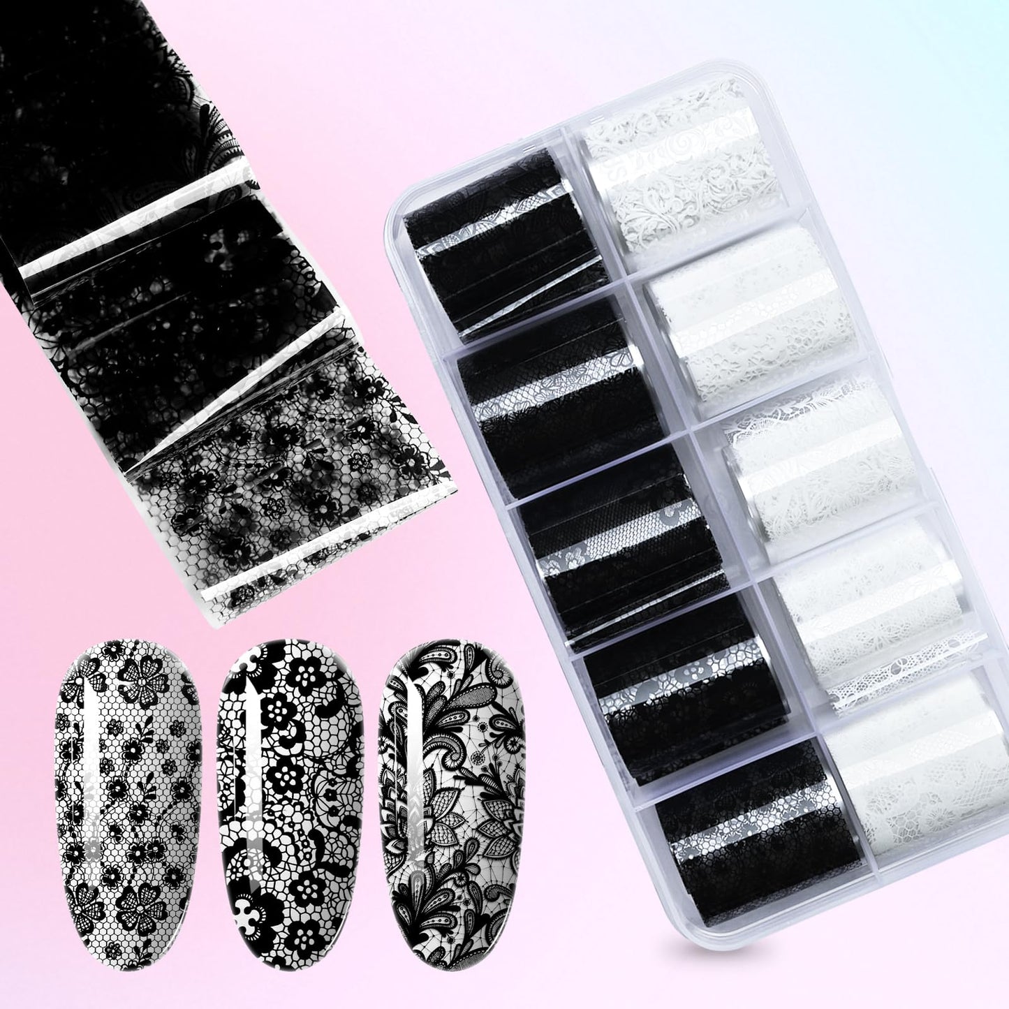 AddFavor Transfer Nail Foil Flower White Black Lace Nail Art Sticker Decals Holographic Transfer Foils for Women Girls, 30 Roll
