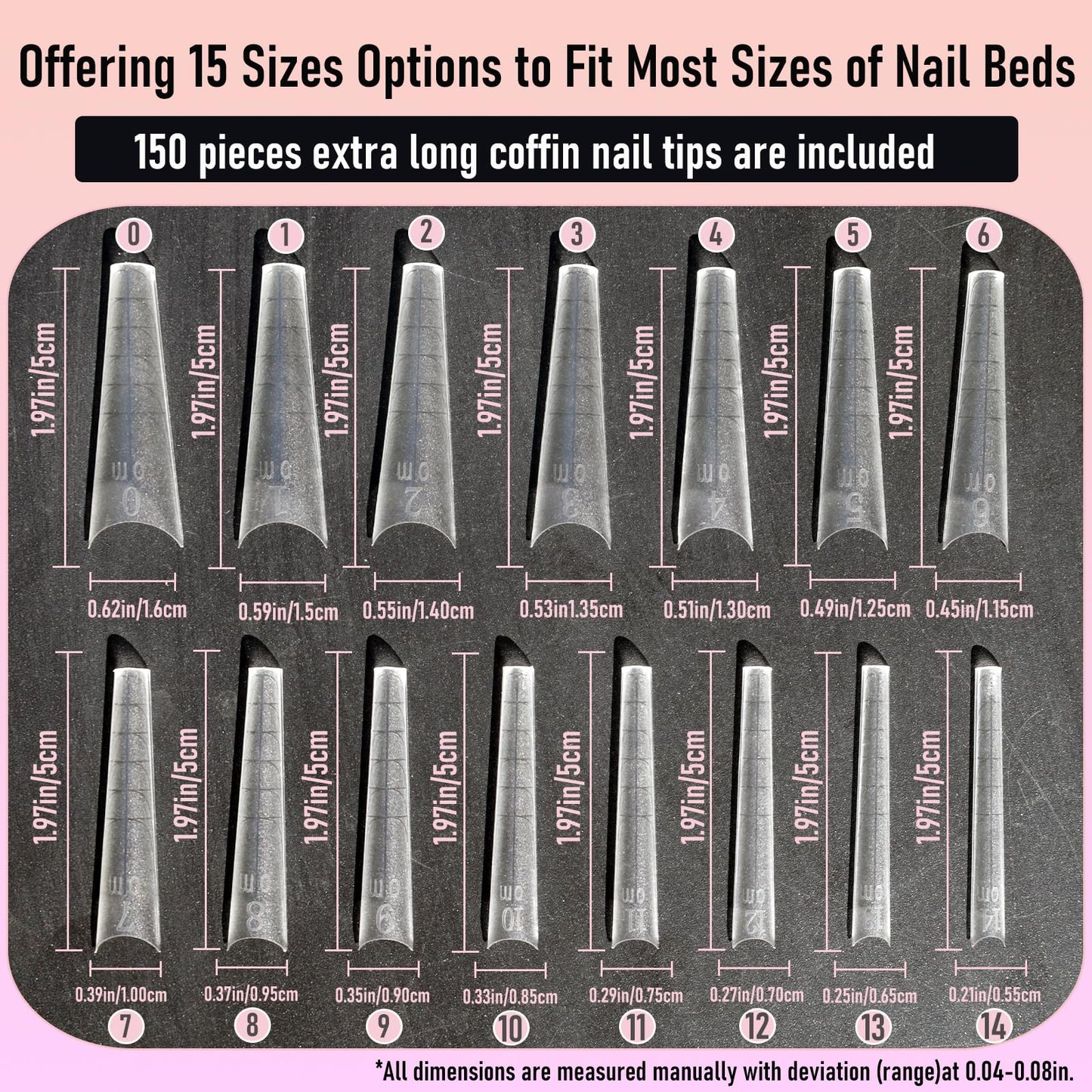 Wellquinn 5cm Shallow Cover Nail Tips, D-Arc at the Stress Area, C-Arc Sculpted, Straight Coffin Shape, Can be Filed into Almond Shape, 150Pcs 15 Sizes with Auxiliary Lines