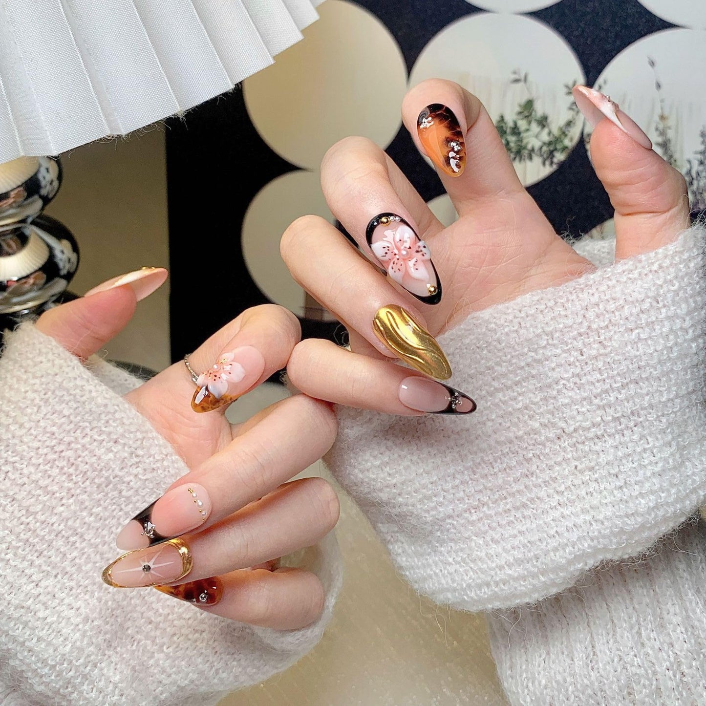Almond Press on Nails Medium - Handmade Fake Nails with 3D Gold Flower Design - Winter Cherry Full Cover Glue on False Nails for Women - (Size S)